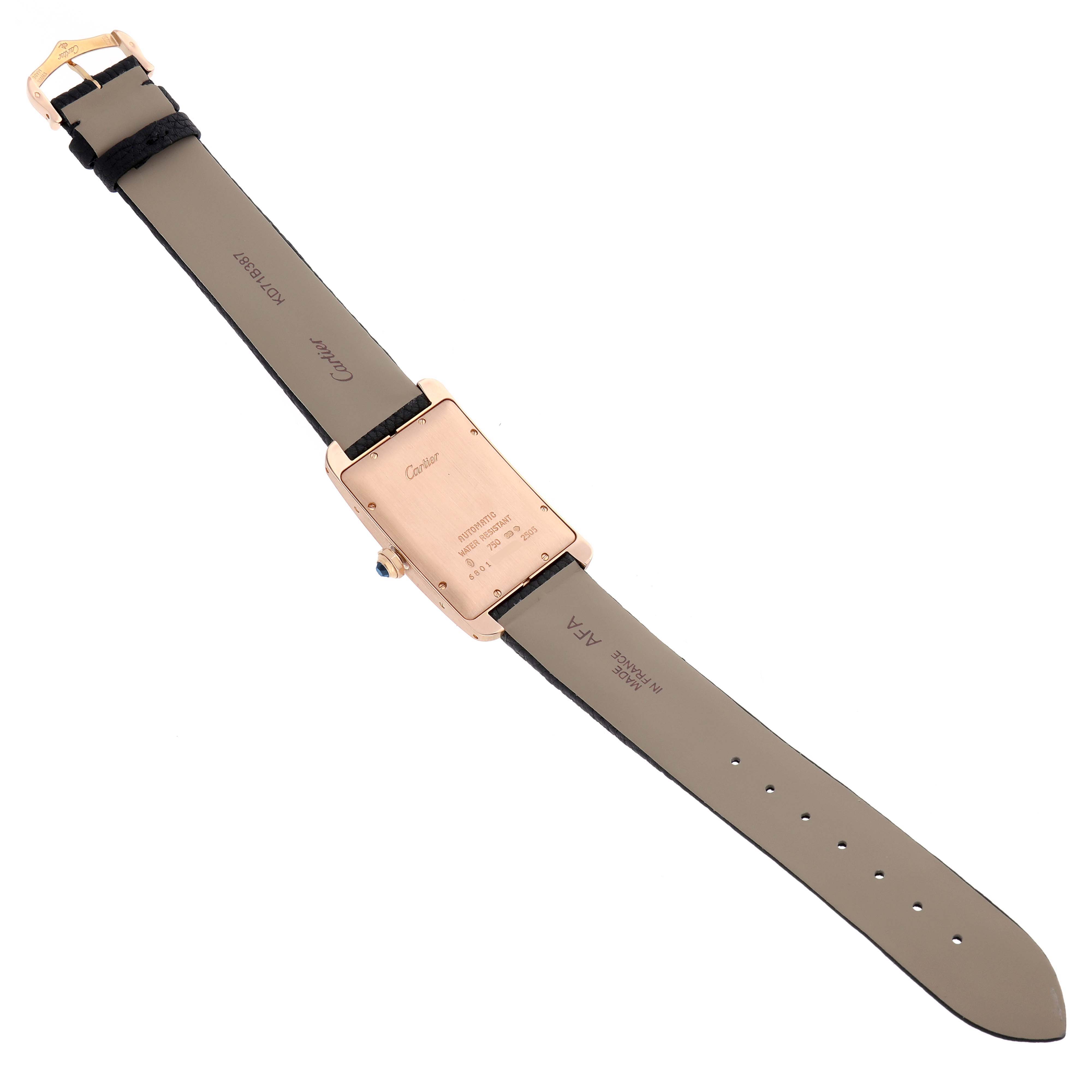 The image shows the back view of a Cartier Tank Americaine W2609156 Men
s Rose Gold Silver Dial watch, highlighting the case back, straps, and buckle.