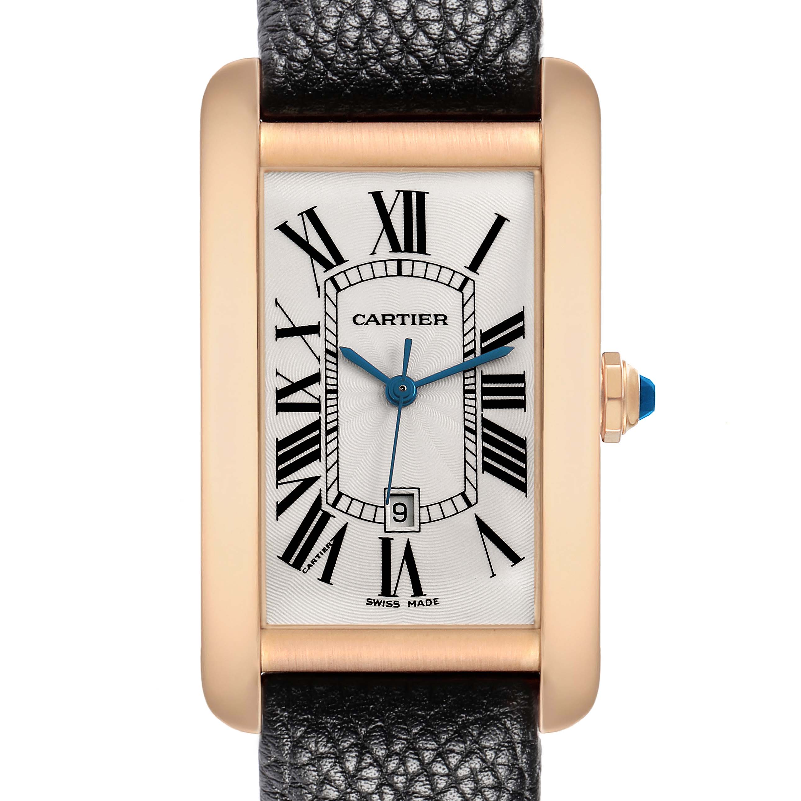 The Cartier Tank Americaine W2609156 Men
s Rose Gold Silver Dial watch is shown from a front angle, highlighting its dial, case, leather strap, and crown.