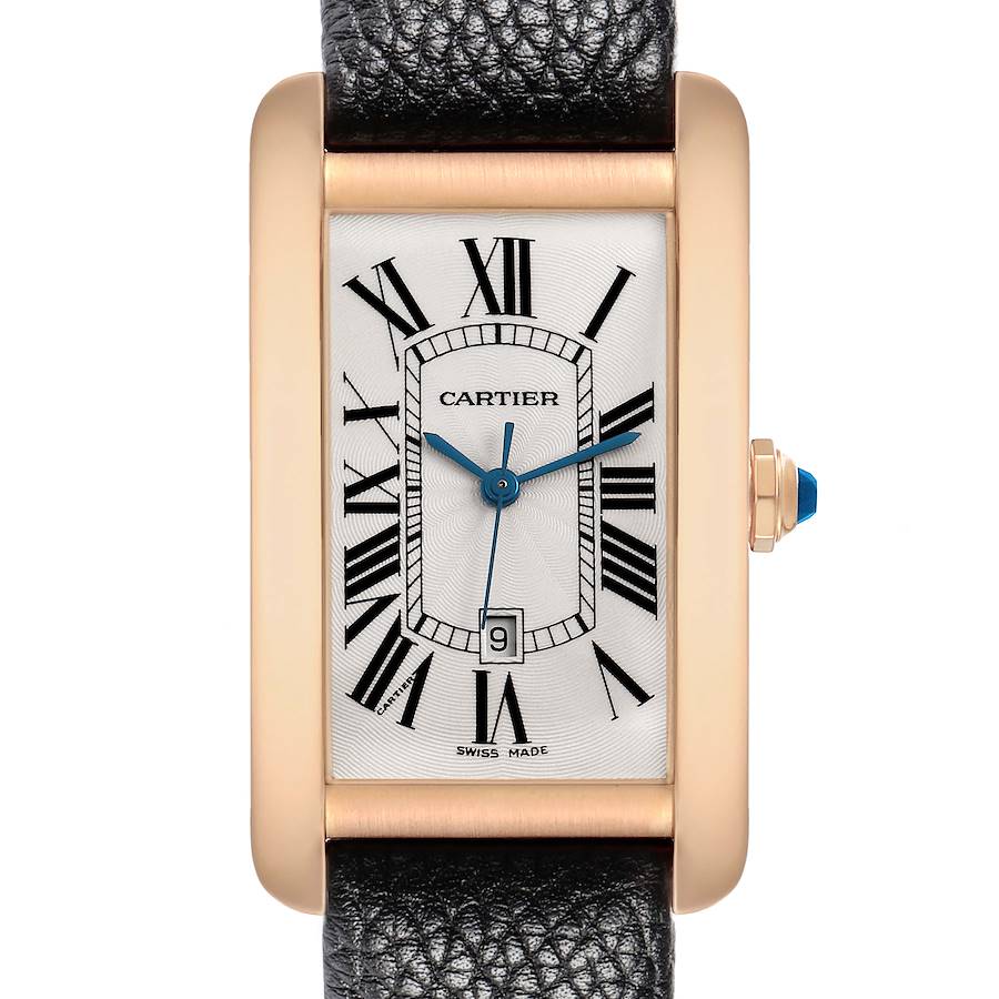 The Cartier Tank Americaine W2609156 Men's Rose Gold Silver Dial watch is shown from a front angle, highlighting its dial, case, leather strap, and crown.