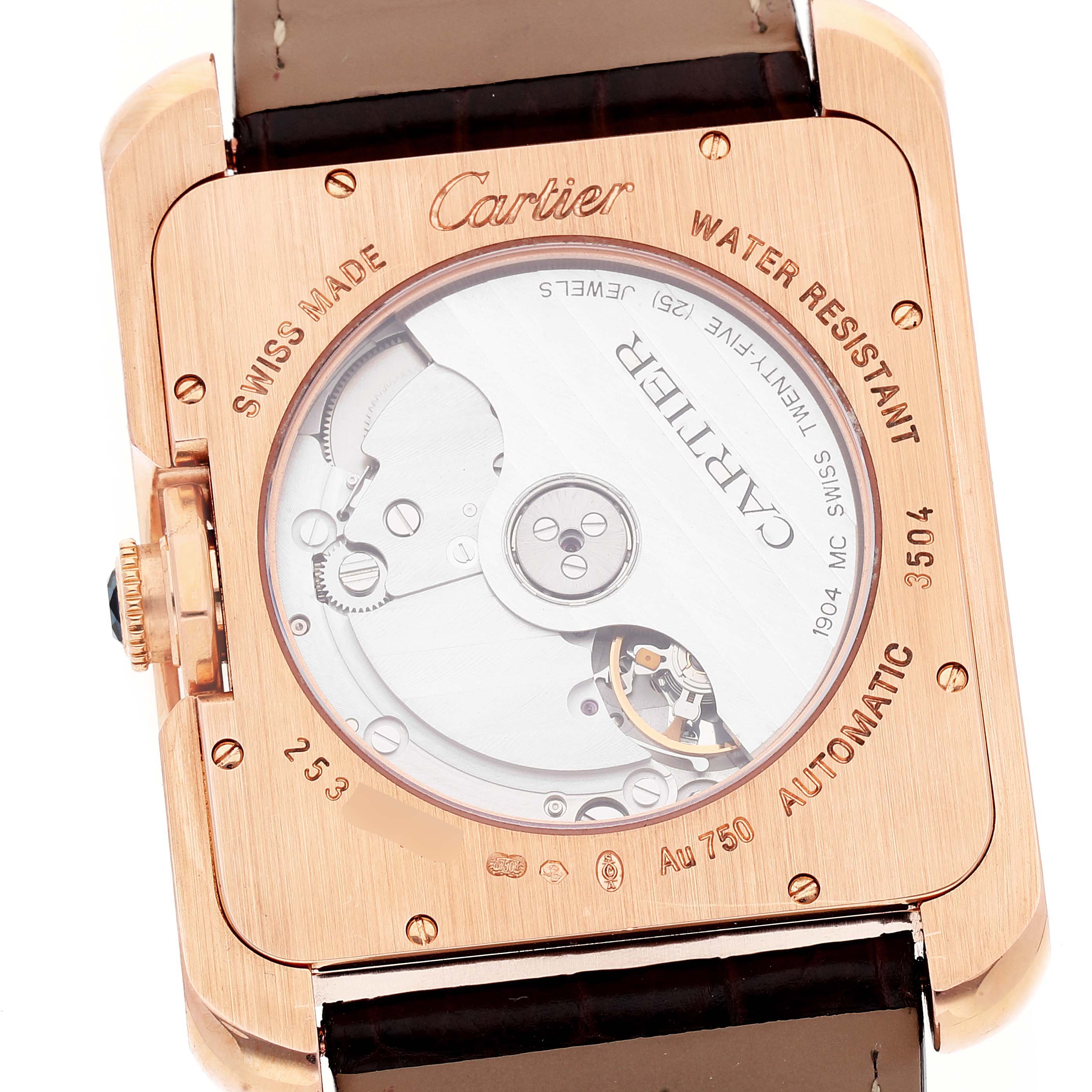 The image shows the back view of a Cartier Tank Anglaise W5310004 Men's Rose Gold Silver Dial W5310004 Men's Rose Gold Silver Dial watch, highlighting its automatic mechanism and engravings.