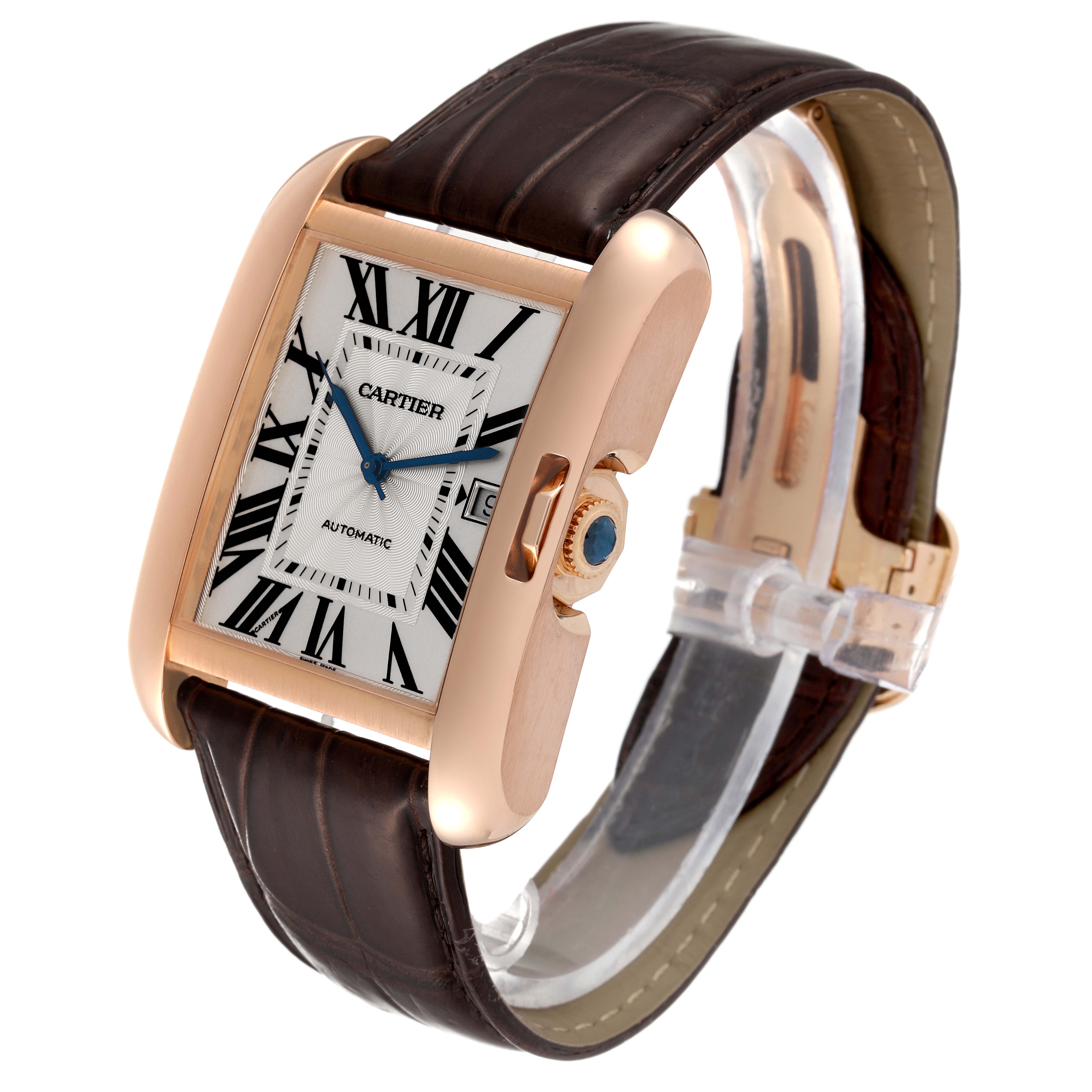 The Cartier Tank Anglaise W5310004 Men's Rose Gold Silver Dial W5310004 Men's Rose Gold Silver Dial watch is shown from a front angle, displaying its face, dial, and leather strap with a side view of the crown.