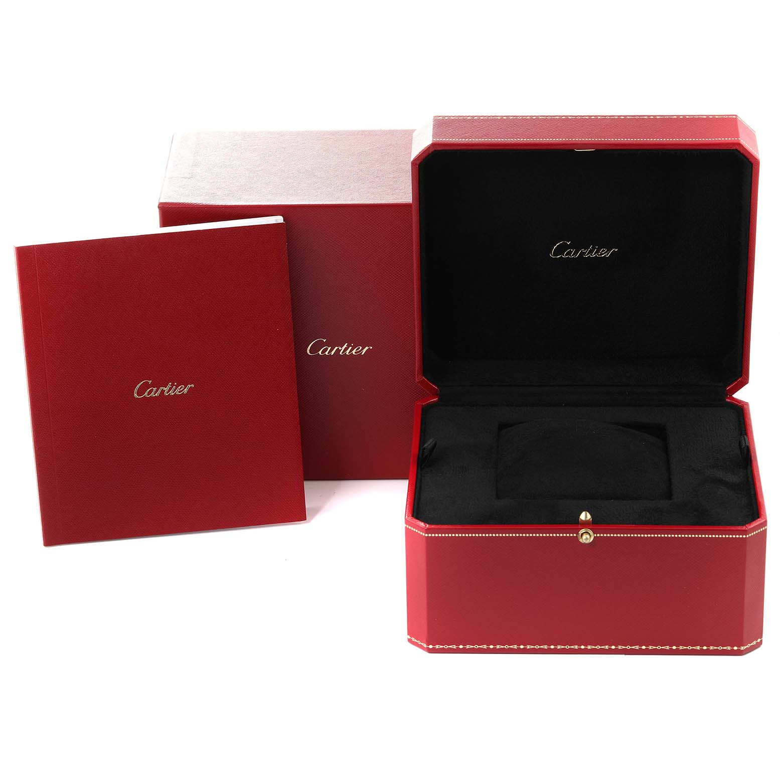 The image shows the packaging for a Cartier Tank Anglaise W5310004 Men's Rose Gold Silver Dial W5310004 Men's Rose Gold Silver Dial watch, including an open watch box, a red outer box, and a booklet.