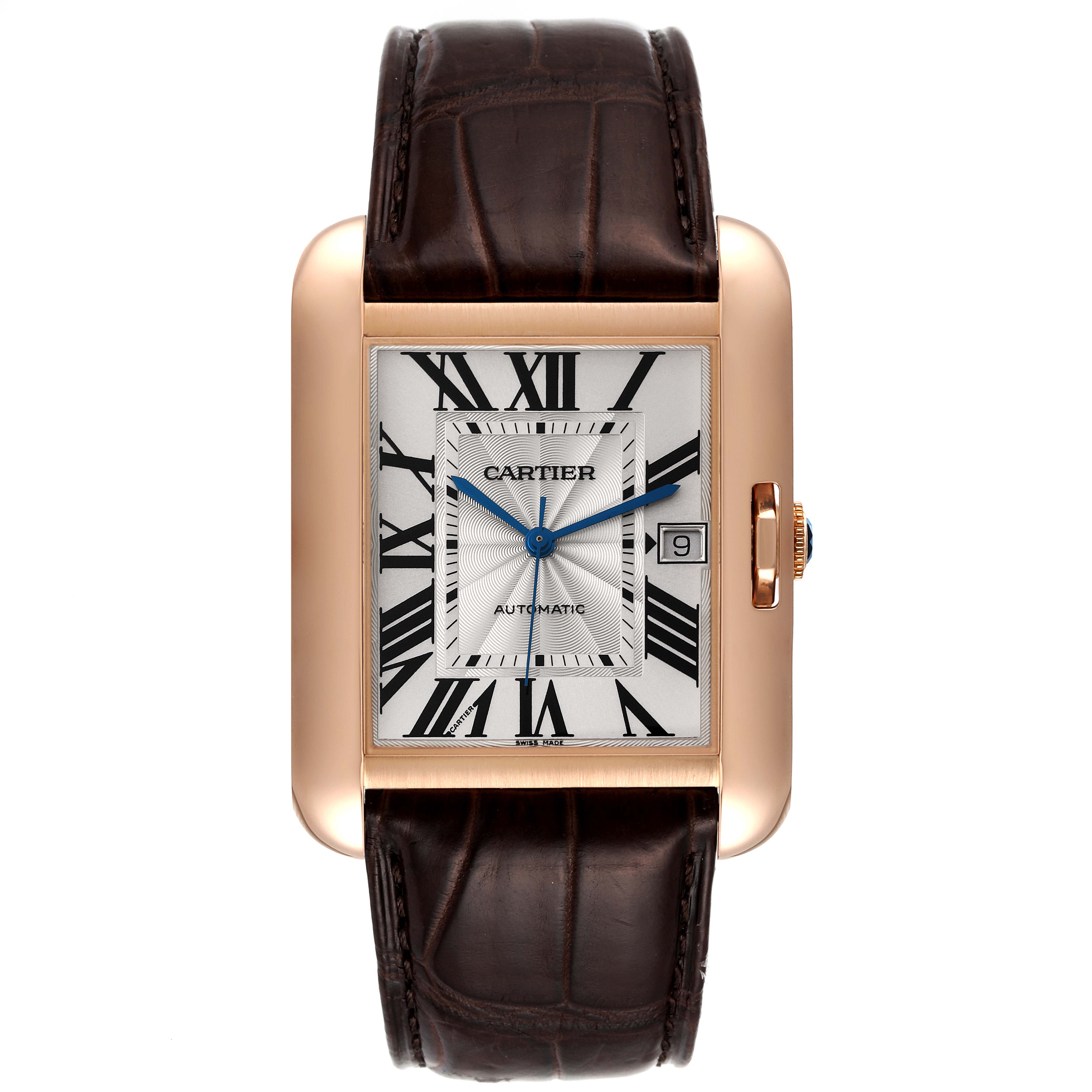 The image shows a front view of a Cartier Tank Anglaise W5310004 Men's Rose Gold Silver Dial W5310004 Men's Rose Gold Silver Dial watch with a leather strap, rectangular case, and Roman numeral dial.