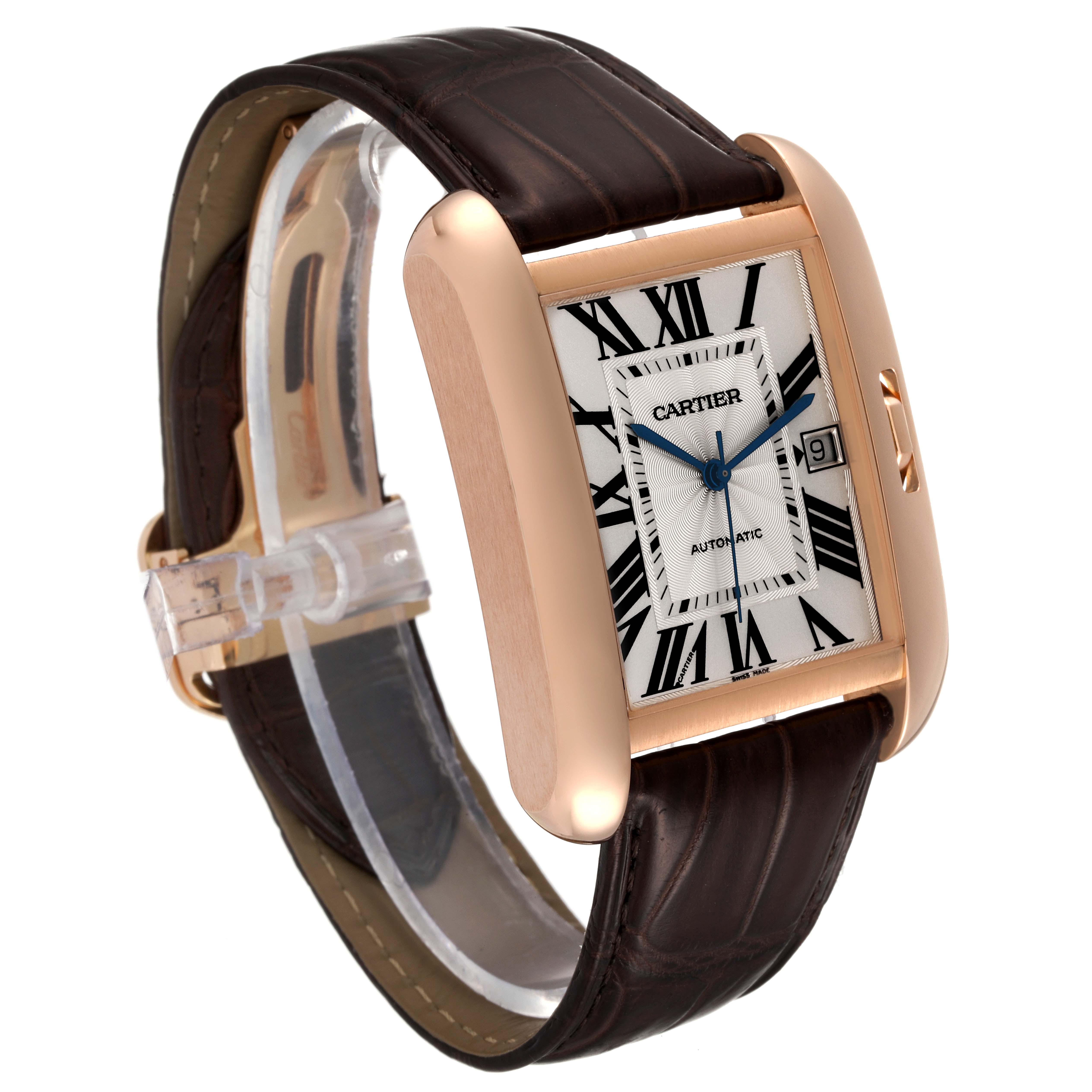 This image shows a Cartier Tank Anglaise W5310004 Men's Rose Gold Silver Dial W5310004 Men's Rose Gold Silver Dial watch from a front-side angle, highlighting its dial, casing, and leather strap.