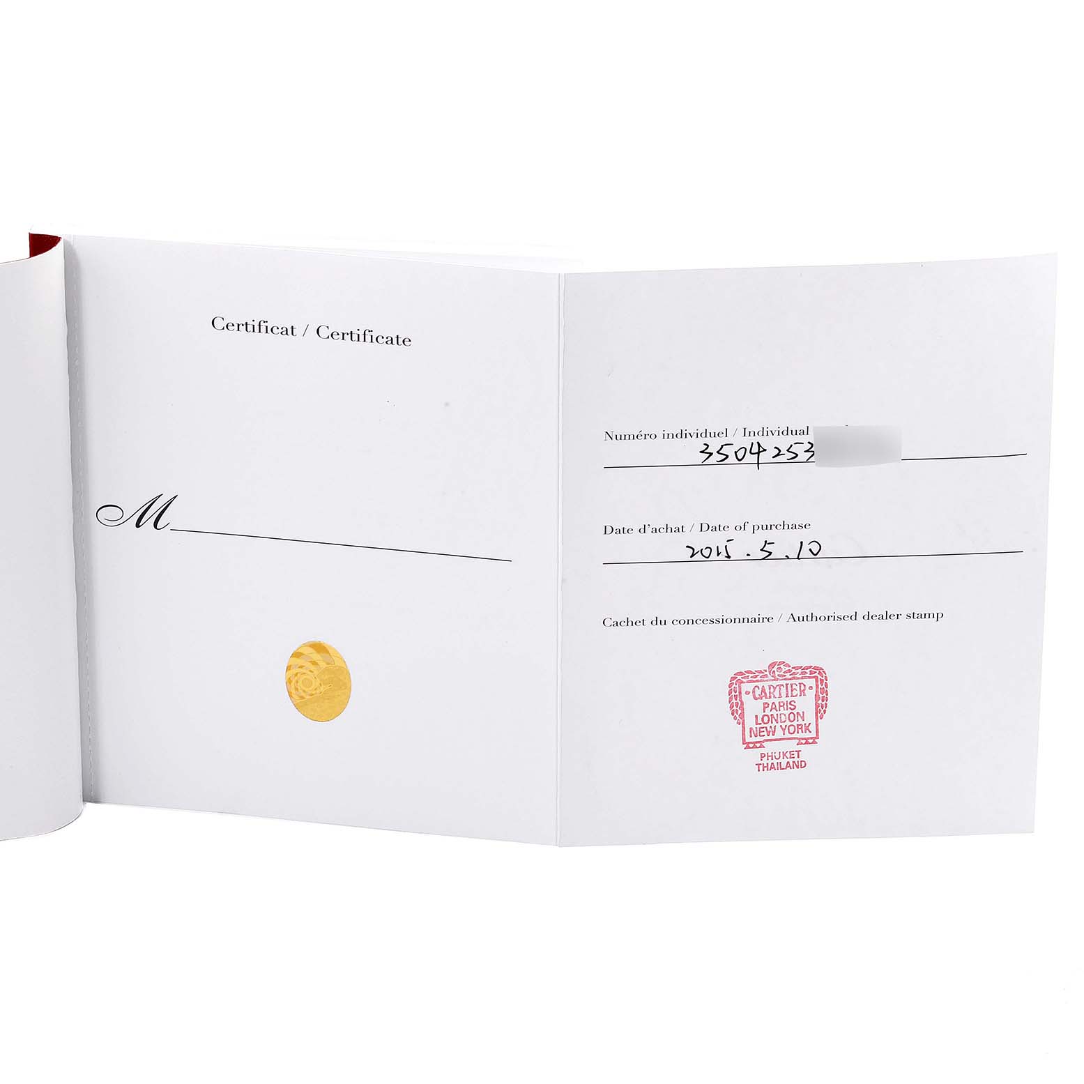 The image shows the certificate of authenticity for the Tank Anglaise model by Cartier, including purchase details and dealer stamp.