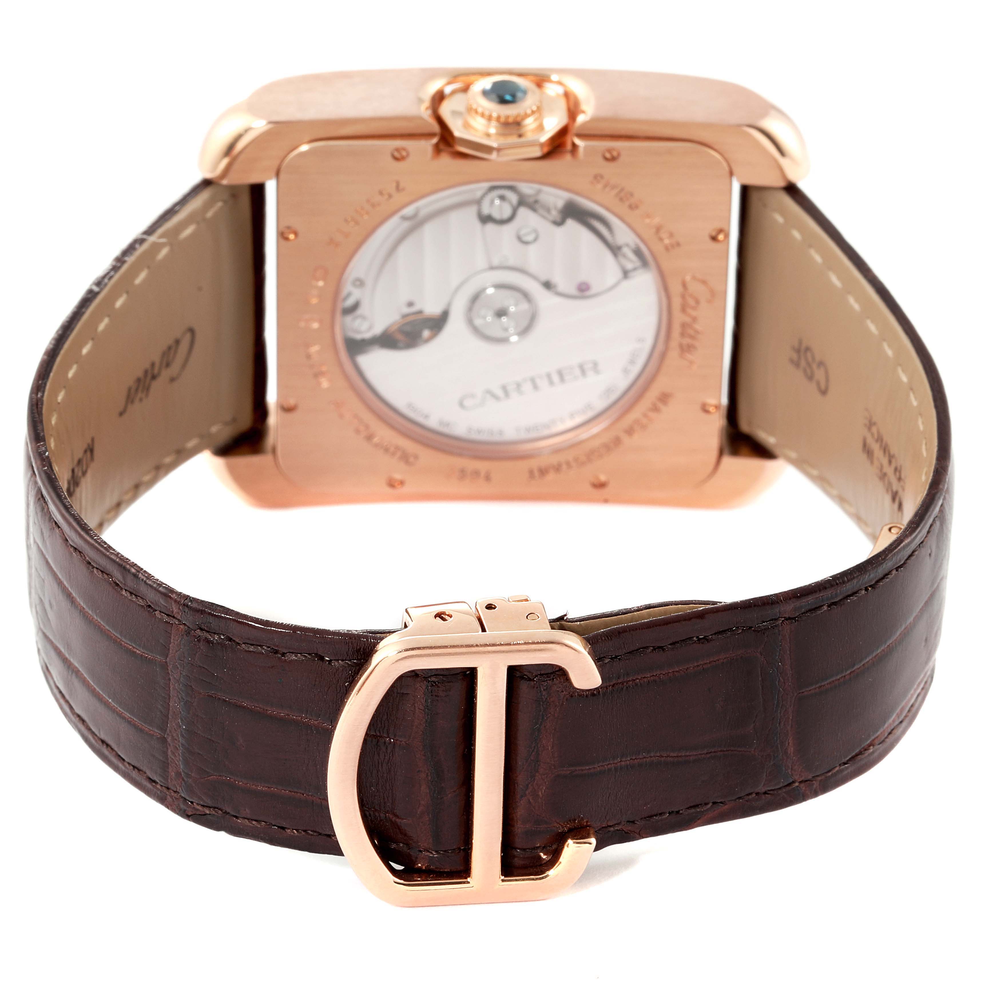 The image shows the back view of a Cartier Tank Anglaise W5310004 Men's Rose Gold Silver Dial W5310004 Men's Rose Gold Silver Dial watch with an open case back and a dark leather strap featuring a rose gold buckle.
