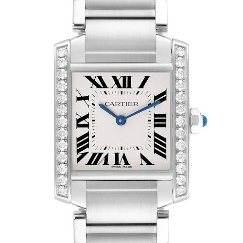The Cartier Tank Française watch is shown from the front, highlighting its dial, Roman numerals, and diamond-encrusted bezel.