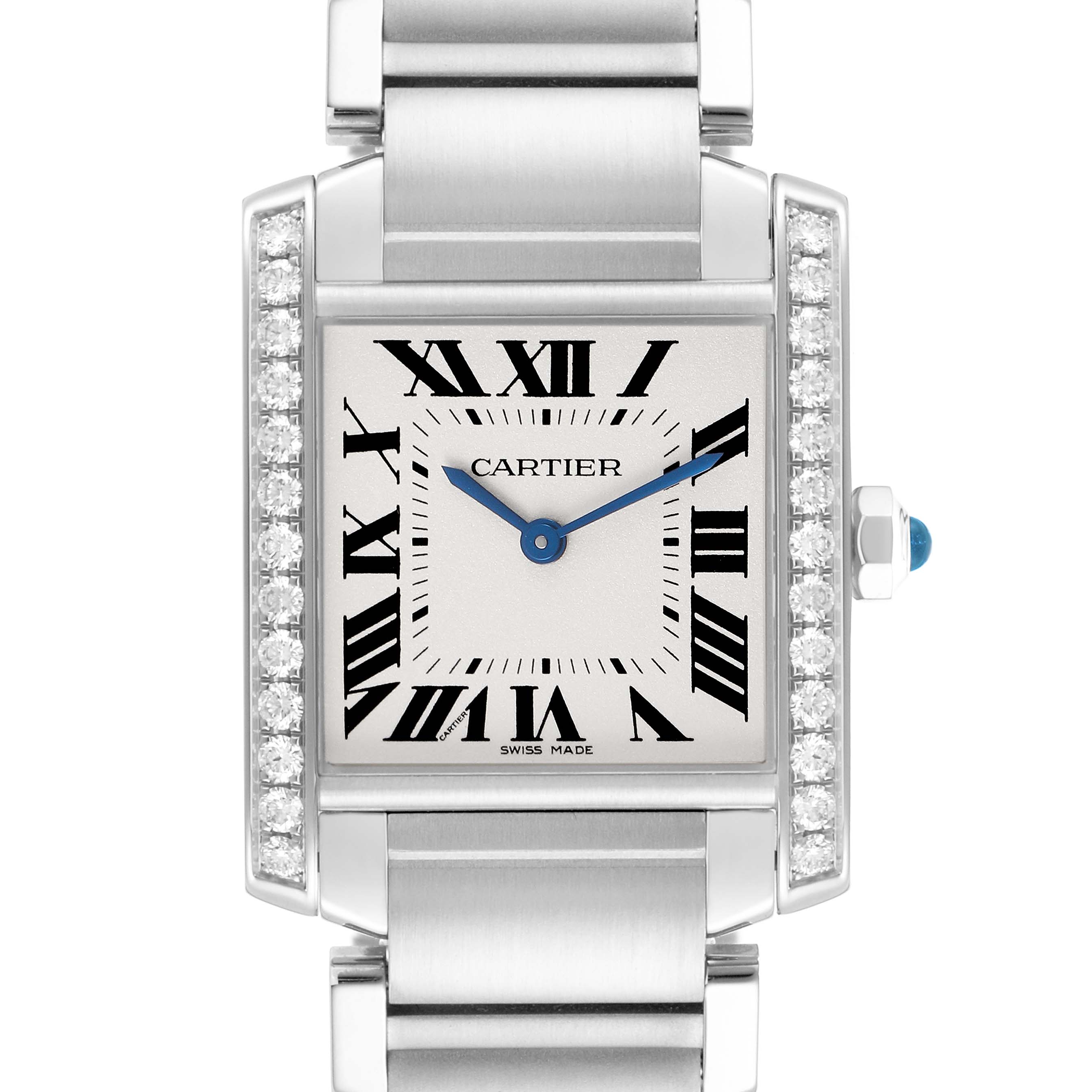 The Cartier Tank Francaise W4TA0009 Women's Stainless Steel Silver Dial watch is shown from a front angle, highlighting its face, Roman numerals, bracelet, and diamond accents.