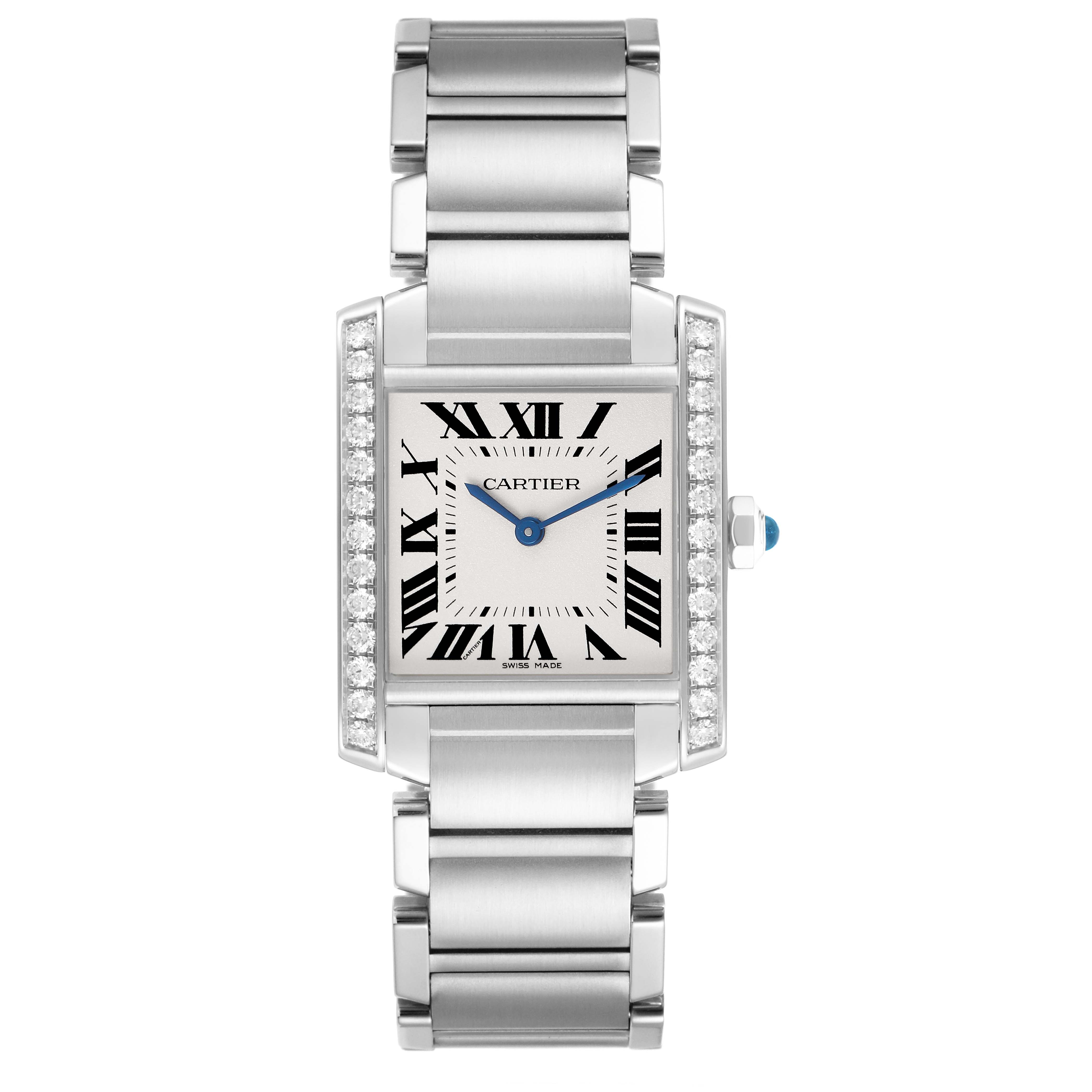 The Cartier Tank Francaise W4TA0009 Women's Stainless Steel Silver Dial watch is shown from a front angle, highlighting its rectangular face, Roman numerals, and metal bracelet.