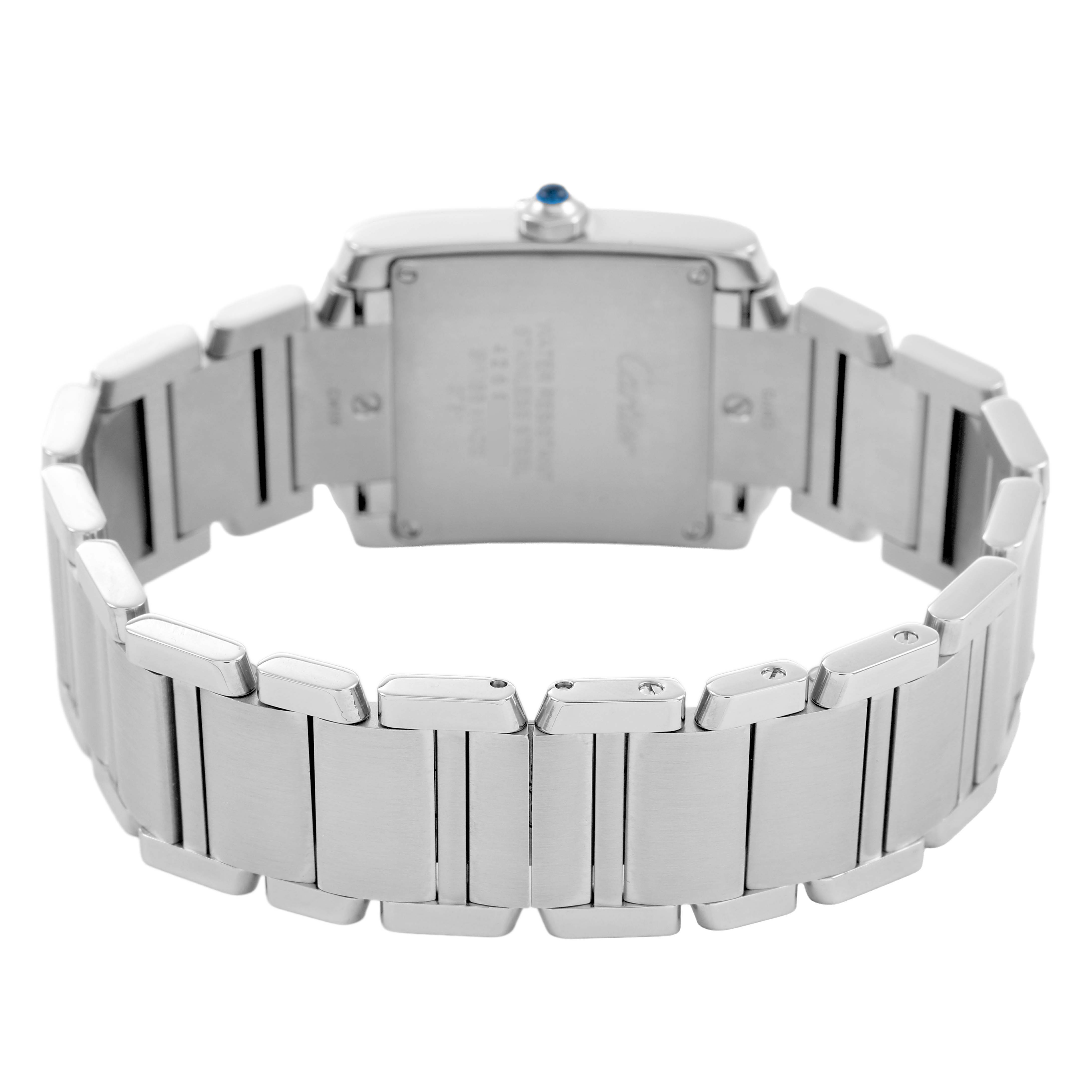 The image shows the back of the Cartier Tank Francaise W4TA0009 Women's Stainless Steel Silver Dial, highlighting its stainless steel bracelet and case back.
