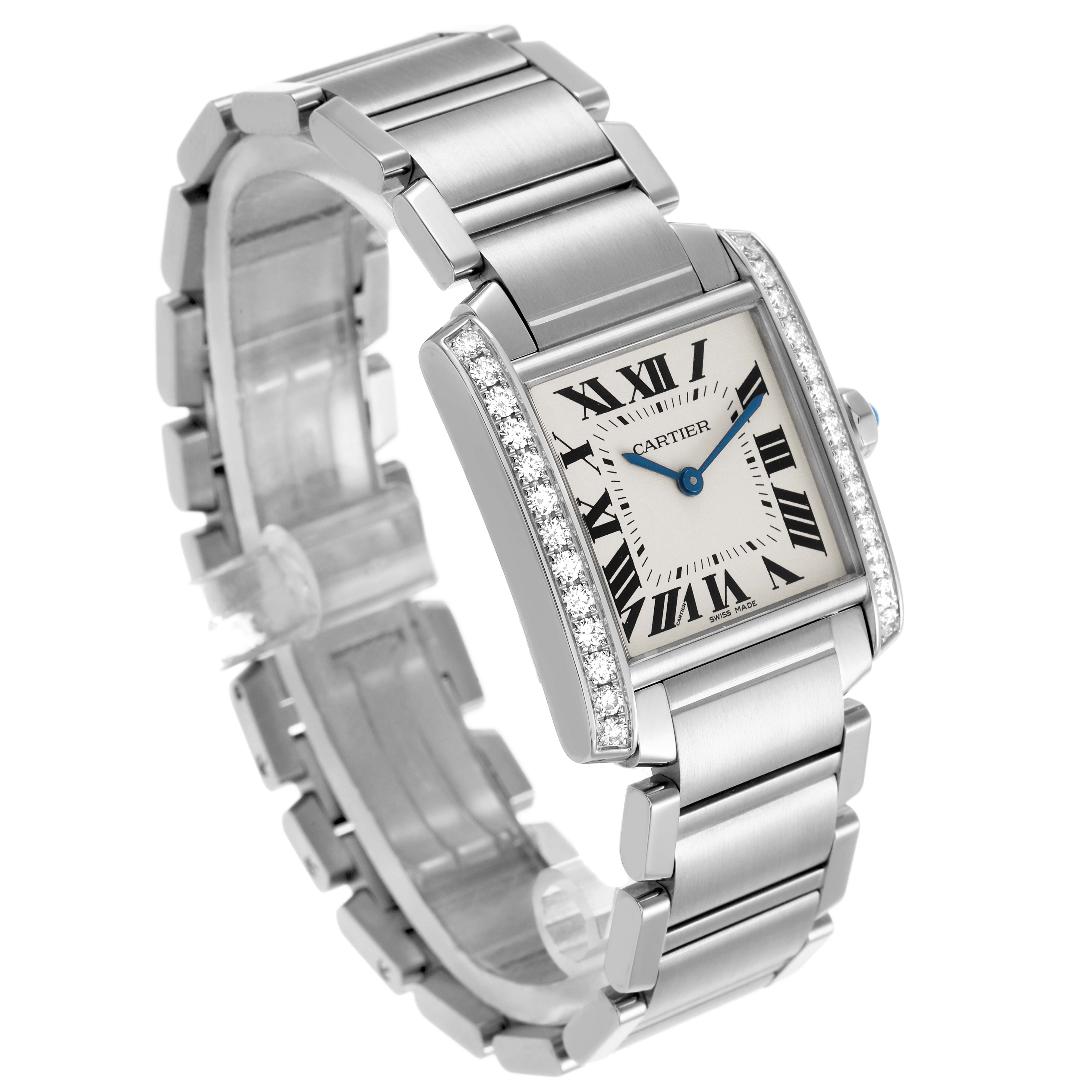 The Cartier Tank Française watch is shown from a three-quarter angle, highlighting the face, bracelet, and diamond-set bezel.