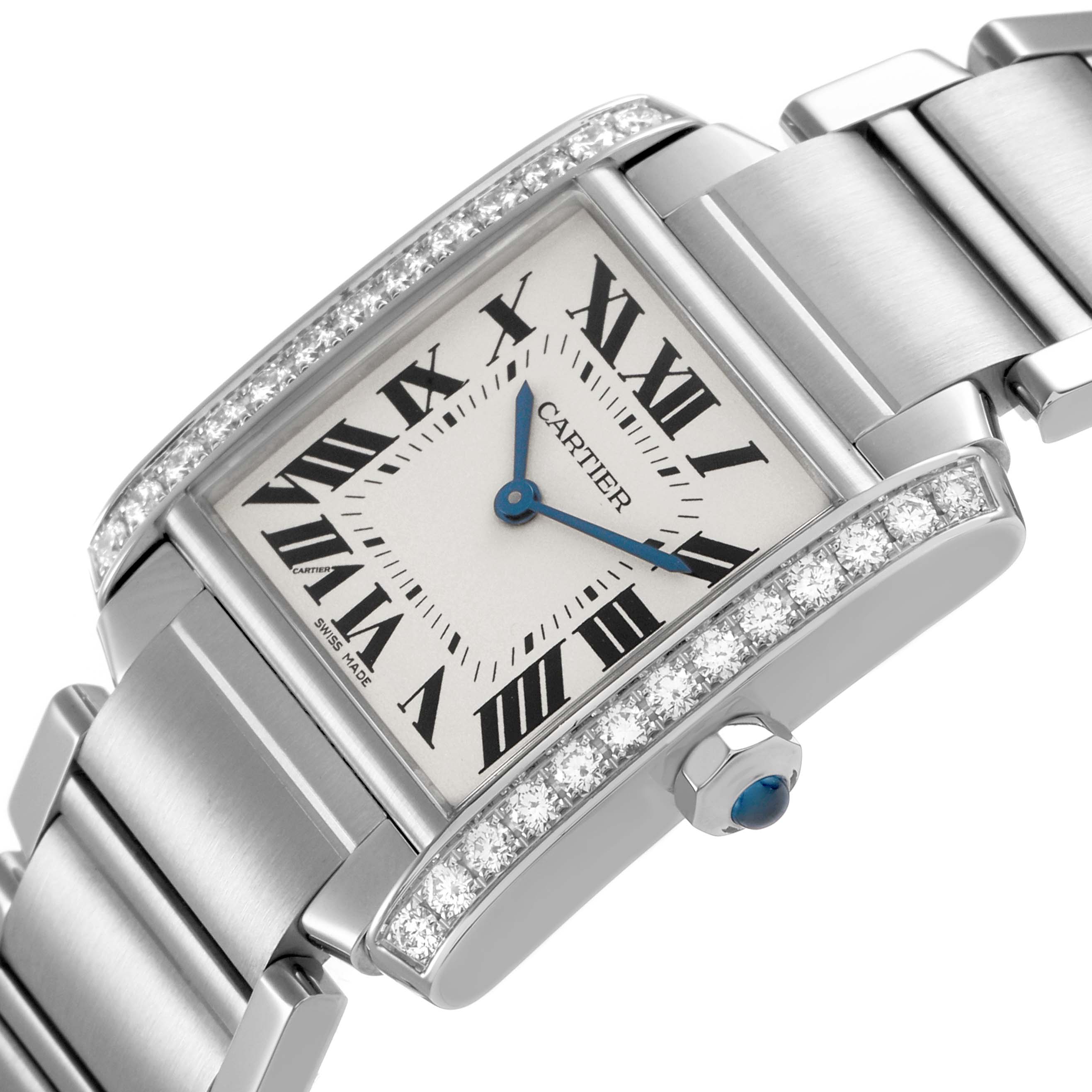 The Cartier Tank Française is shown at an angled view highlighting the face, diamond-set case, and stainless steel bracelet.
