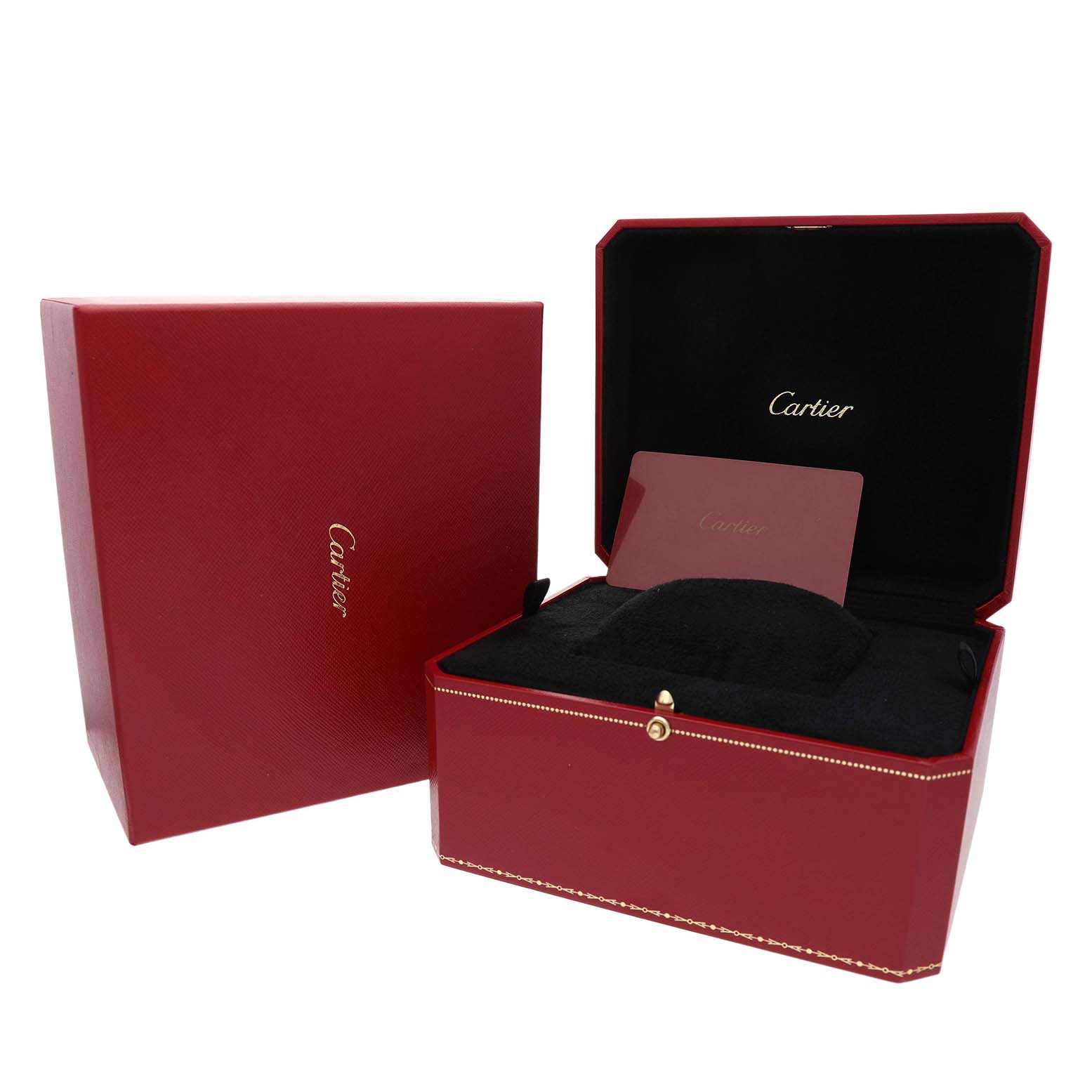 The image shows a Cartier Tank Française watch box and packaging, viewed from an angle showcasing the open box and red card.