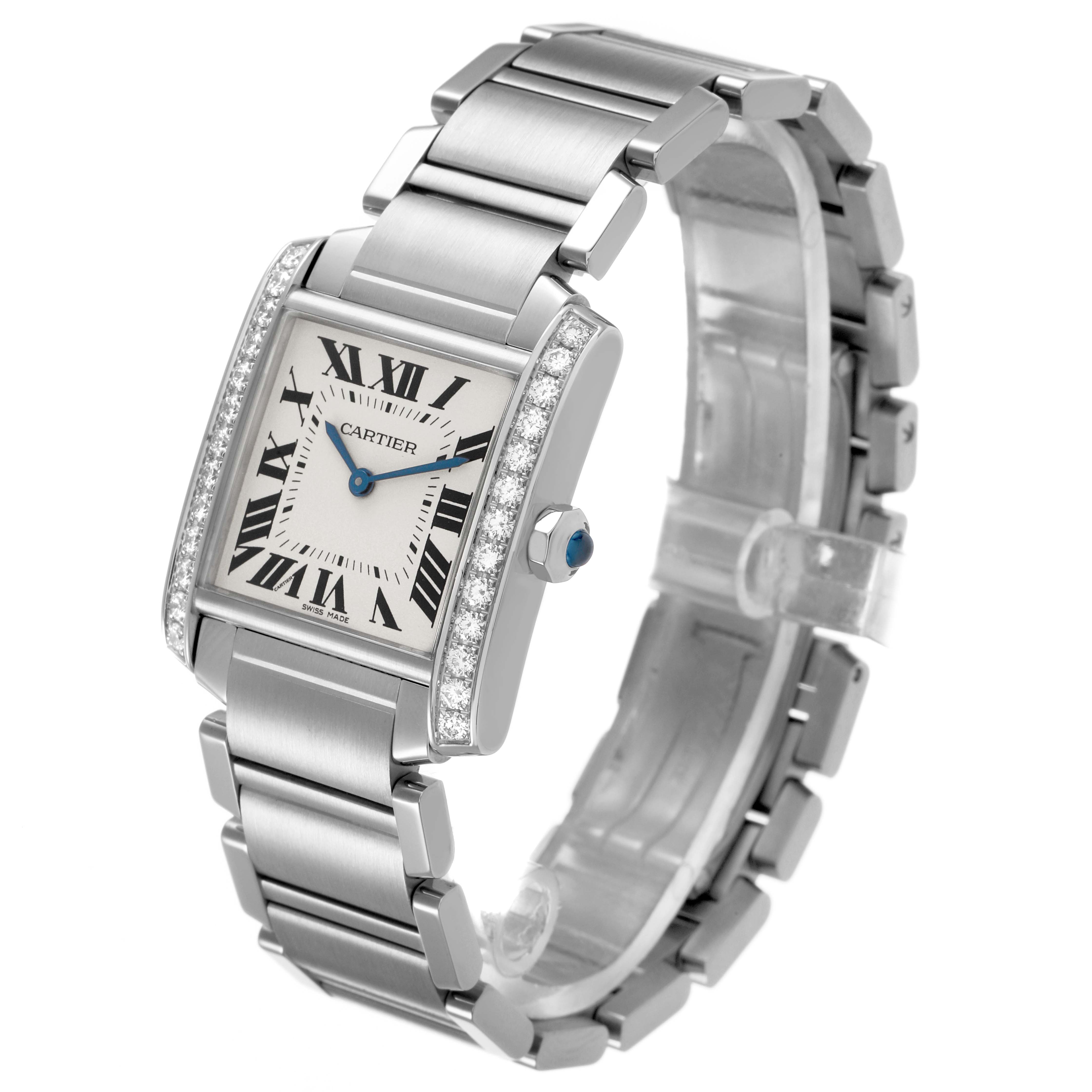 The Cartier Tank Française watch is shown at a three-quarter angle, displaying its face, bracelet, and jeweled crown.
