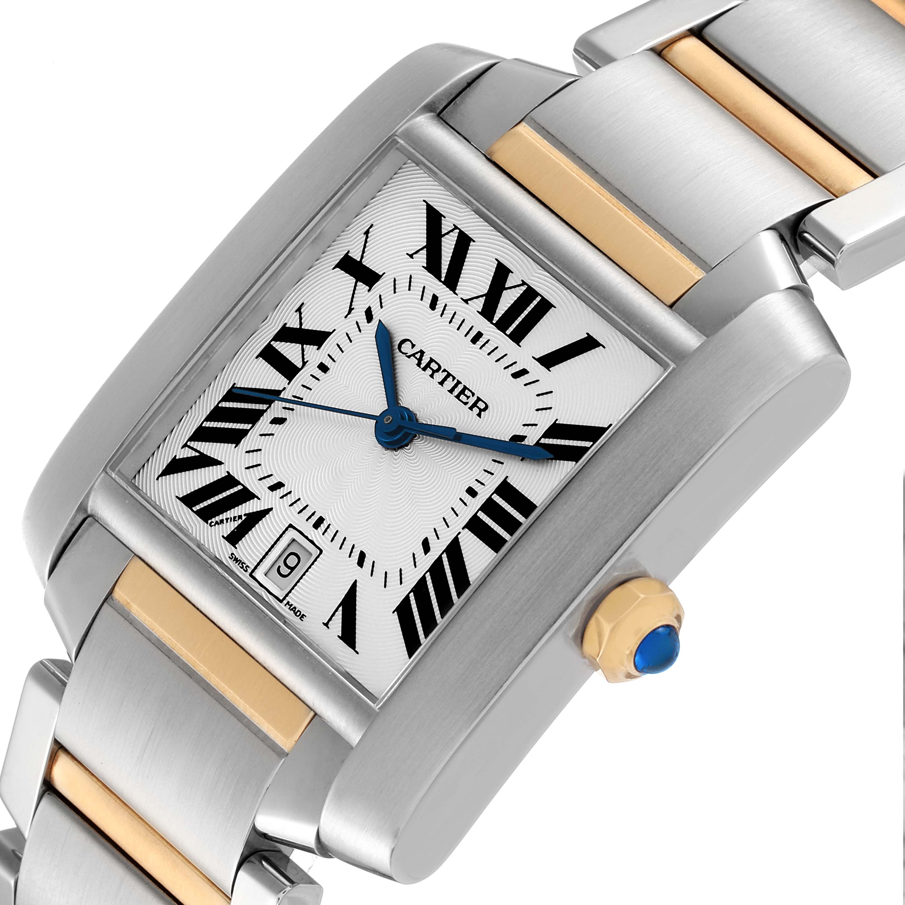 The Cartier Tank Francaise W51005Q4 Men's Steel and Gold (two tone) Silver Dial W51005Q4 Men's Steel and Gold (two tone) Silver Dial watch is shown at an angled close-up, highlighting the face, crown, and part of the band.