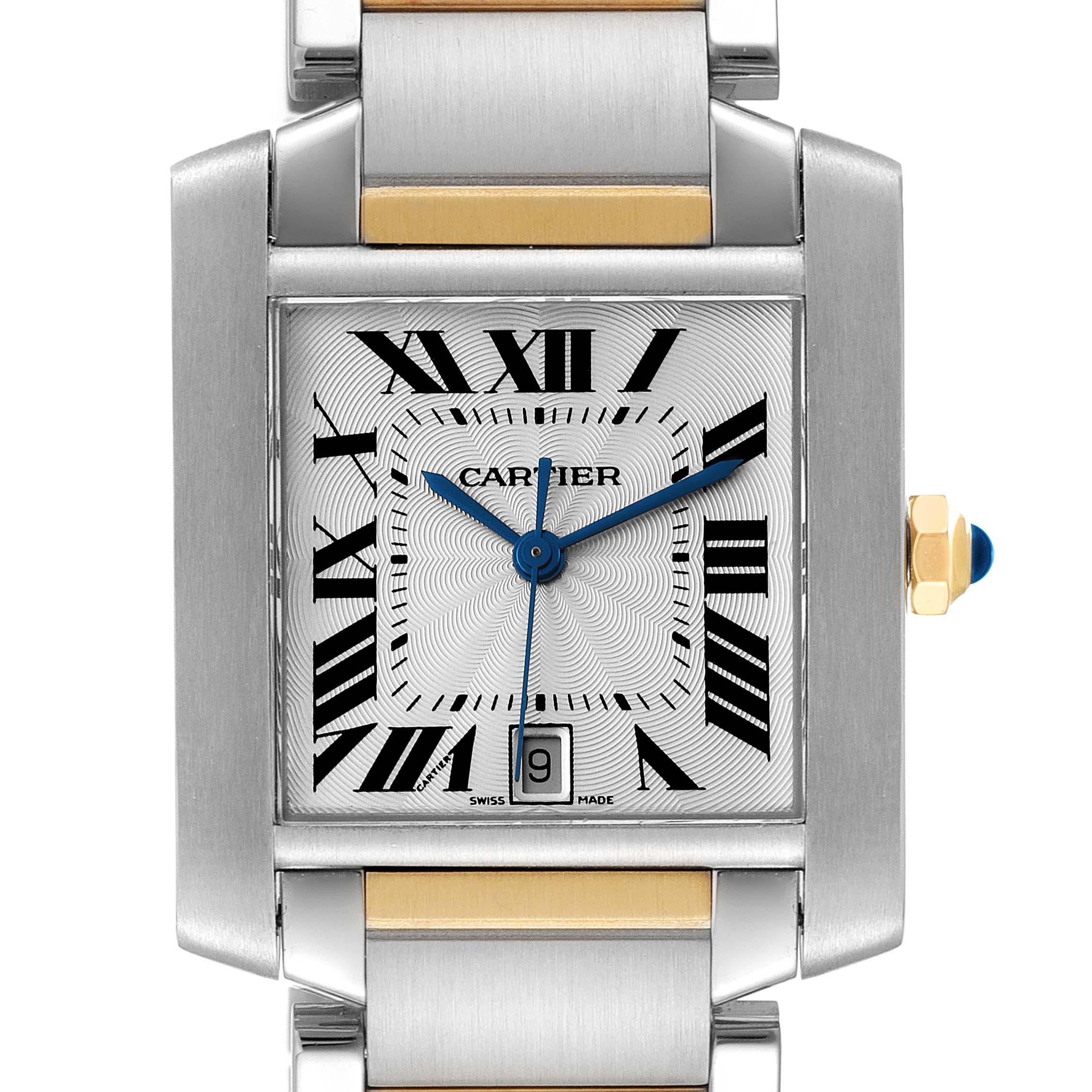 This image shows a close-up of the face and part of the bracelet of a Cartier Tank Francaise W51005Q4 Men's Steel and Gold (two tone) Silver Dial W51005Q4 Men's Steel and Gold (two tone) Silver Dial watch, highlighting the dial, hands, and date window.