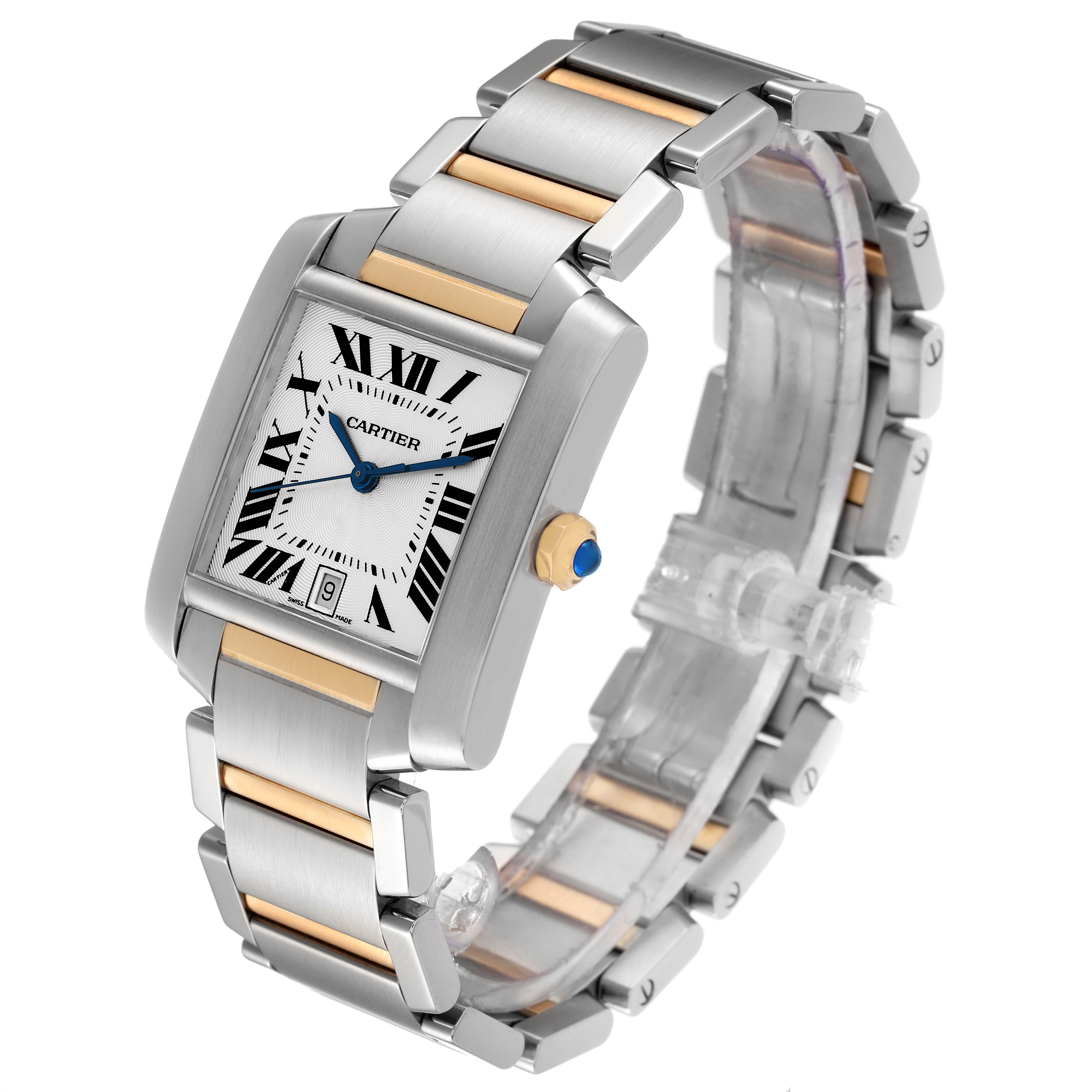 The Cartier Tank Francaise W51005Q4 Men's Steel and Gold (two tone) Silver Dial W51005Q4 Men's Steel and Gold (two tone) Silver Dial watch is shown at an angle highlighting its face, crown, and multi-tone metal bracelet.