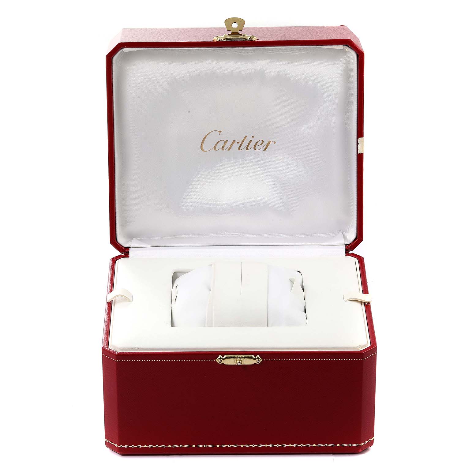 The image shows a Cartier Tank Française watch in its open red presentation box.