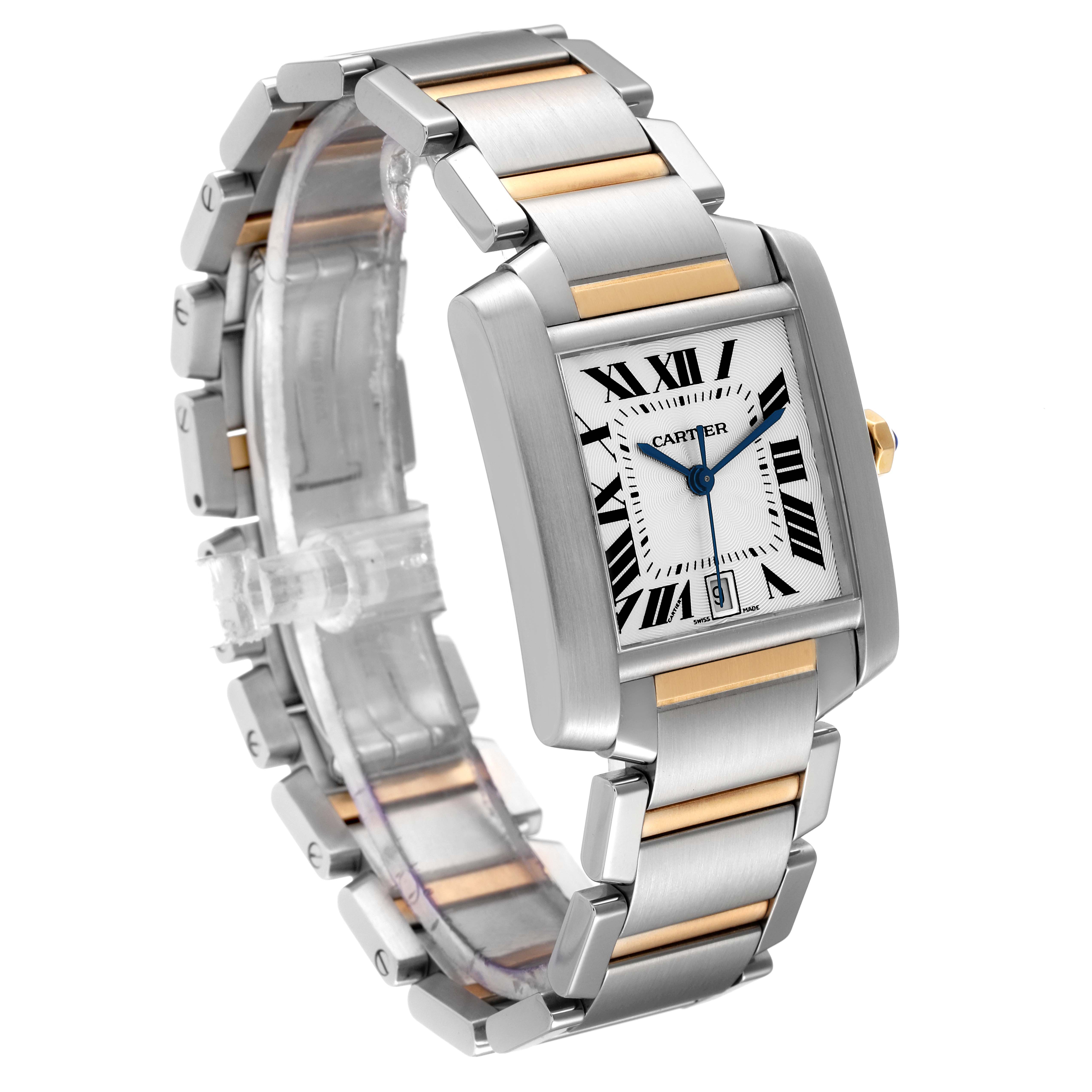 The Cartier Tank Francaise W51005Q4 Men's Steel and Gold (two tone) Silver Dial W51005Q4 Men's Steel and Gold (two tone) Silver Dial watch is shown at an angled view highlighting the face, bracelet, and clasp.