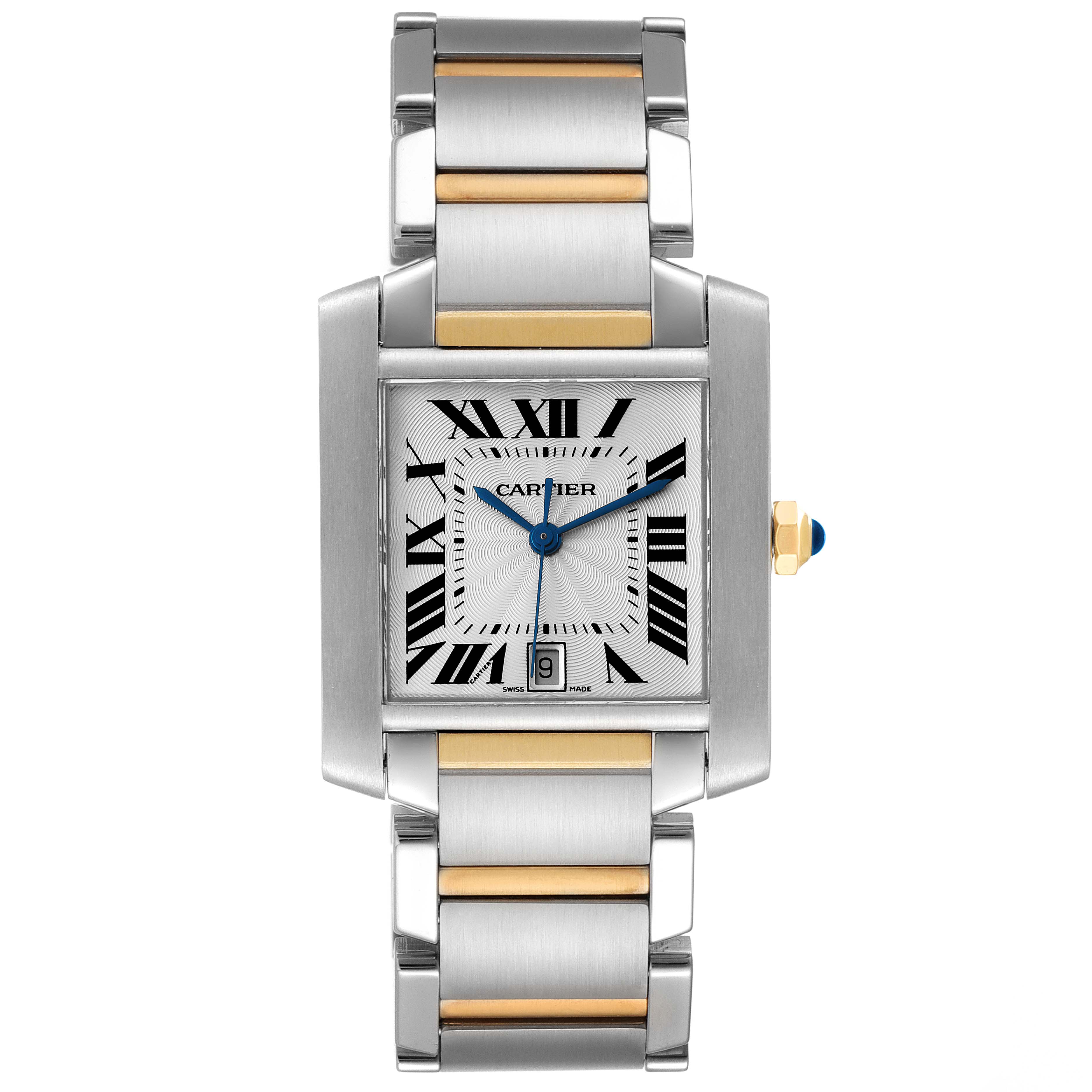 This image shows a frontal view of the Cartier Tank Francaise W51005Q4 Men's Steel and Gold (two tone) Silver Dial W51005Q4 Men's Steel and Gold (two tone) Silver Dial watch, highlighting its face, bracelet, and crown.