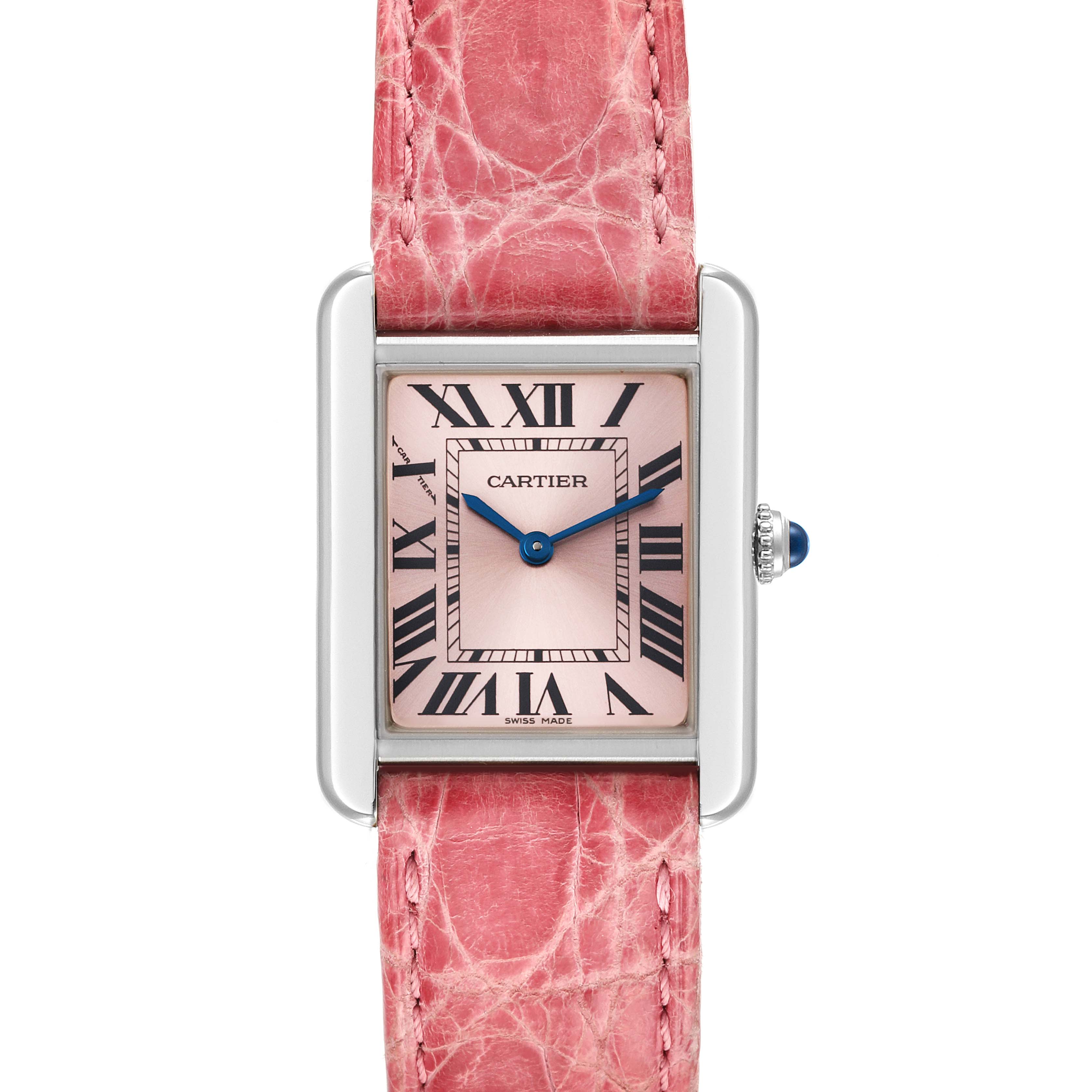 The image shows a straight-on view of a Cartier Tank Solo W5200000 Women's Stainless Steel Pink Dial W5200000 Women's Stainless Steel Pink Dial watch with a pink dial and pink leather strap.