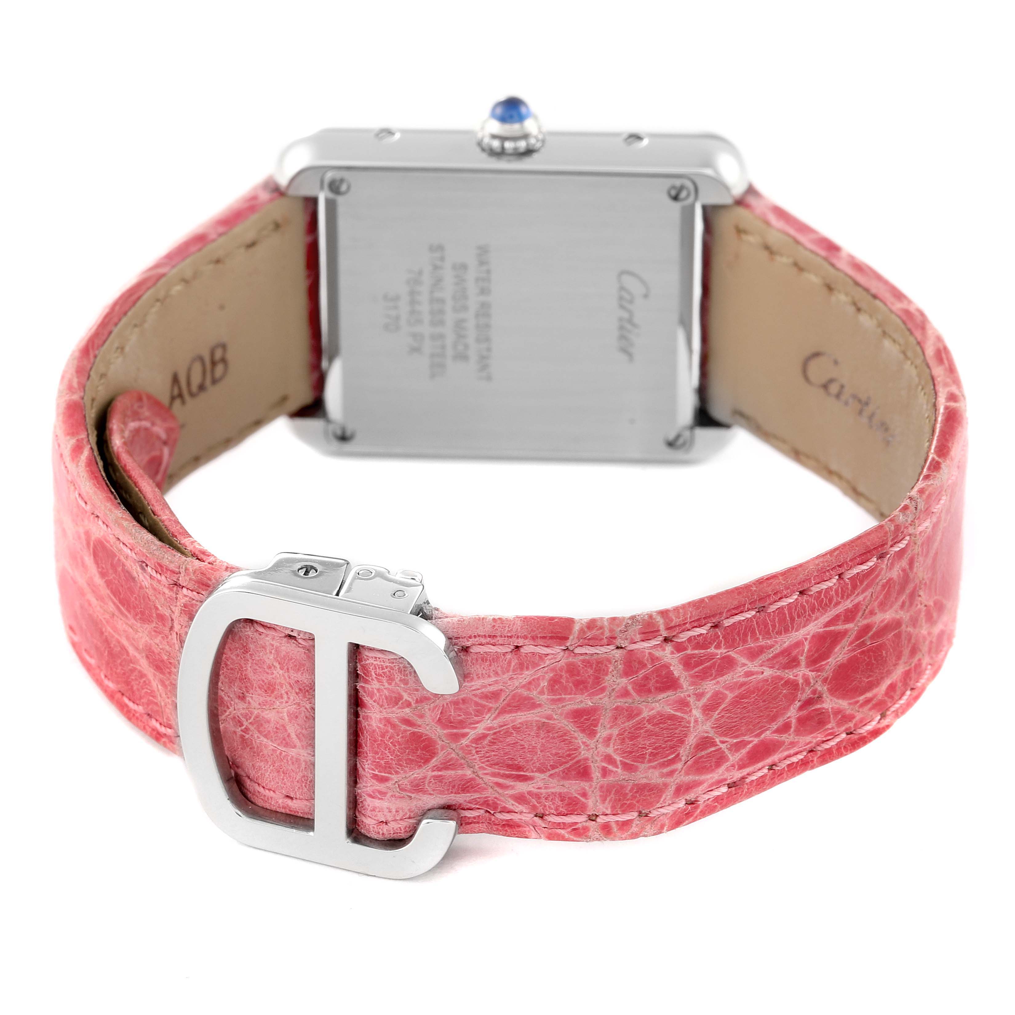 The image shows the back view of a Cartier Tank Solo W5200000 Women's Stainless Steel Pink Dial W5200000 Women's Stainless Steel Pink Dial watch, highlighting its case back and the pink leather strap with a metal buckle.