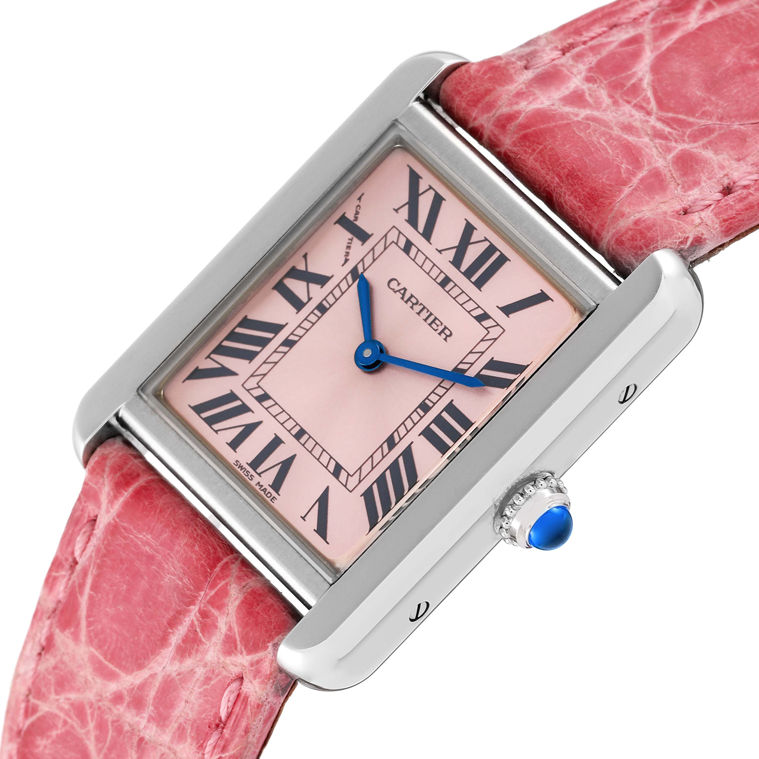 The image shows a Cartier Tank Solo W5200000 Women's Stainless Steel Pink Dial W5200000 Women's Stainless Steel Pink Dial watch at a slight angle, displaying its pink dial, Roman numerals, blue hands, and pink leather strap.