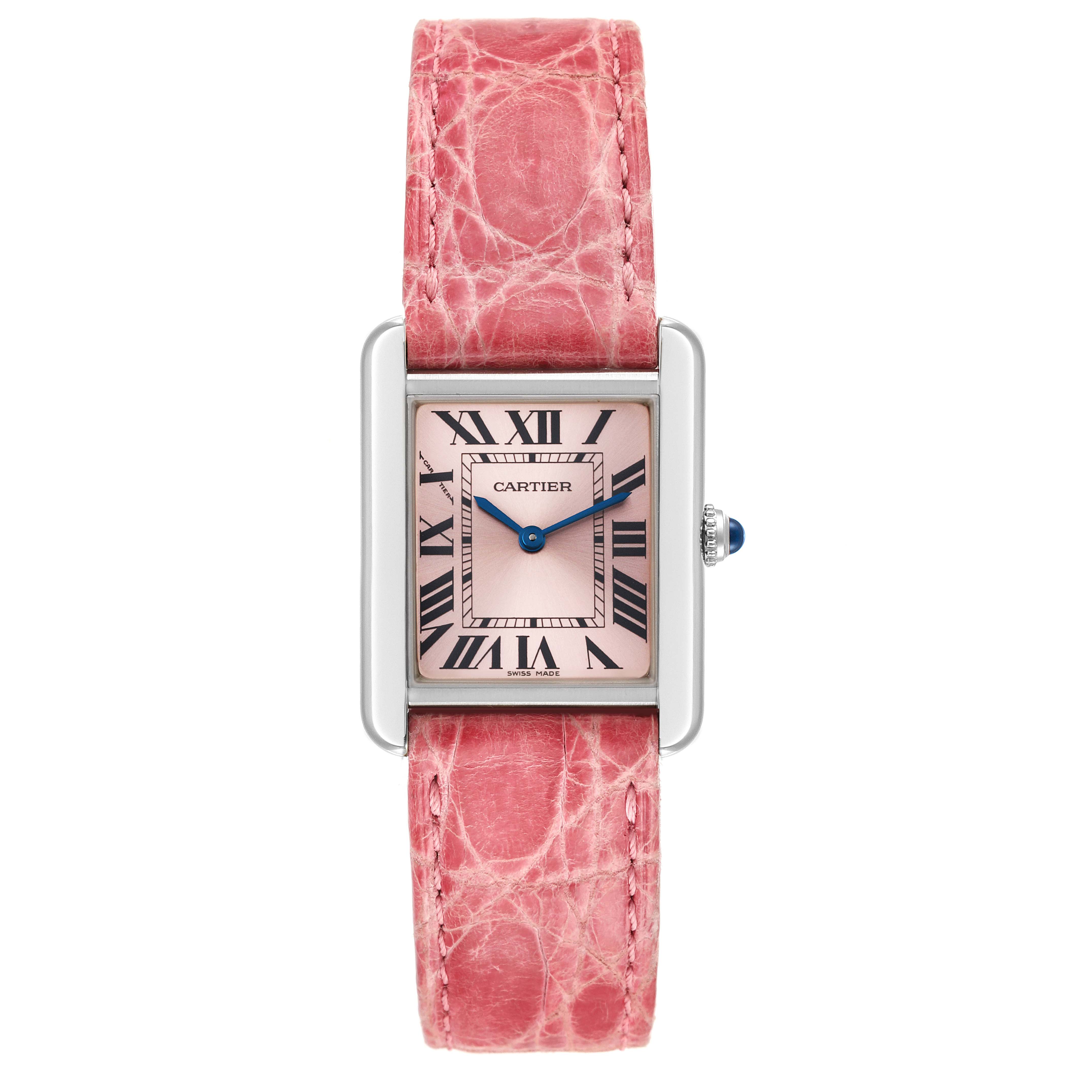 This is a front view of the Cartier Tank Solo W5200000 Women's Stainless Steel Pink Dial W5200000 Women's Stainless Steel Pink Dial watch, showcasing its rectangular face, pink dial, and pink strap.