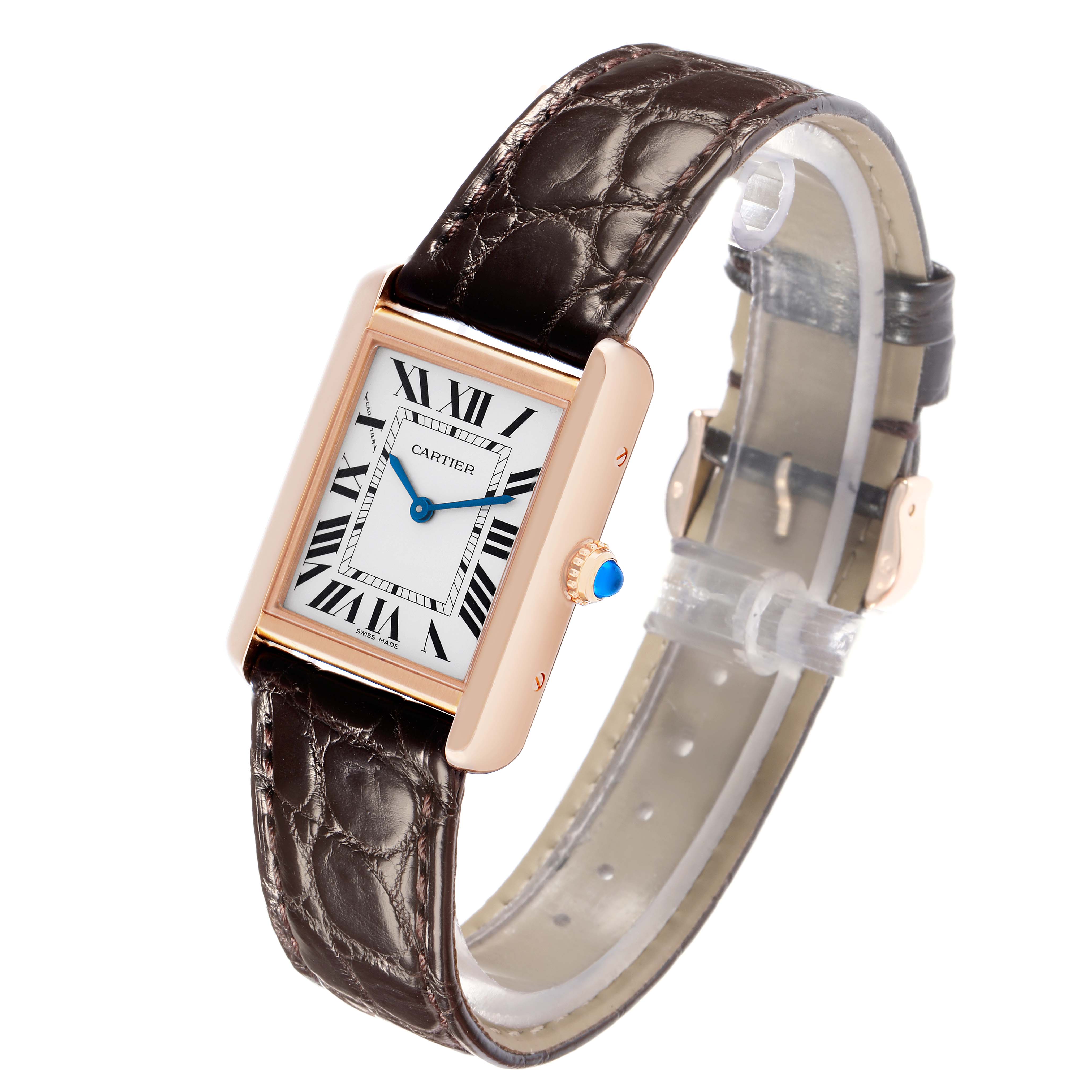 The Cartier Tank Solo W5200024 Women's Rose Gold Silver Dial watch is shown at an angled view, highlighting the rectangular face, Roman numerals, crown, and leather strap.