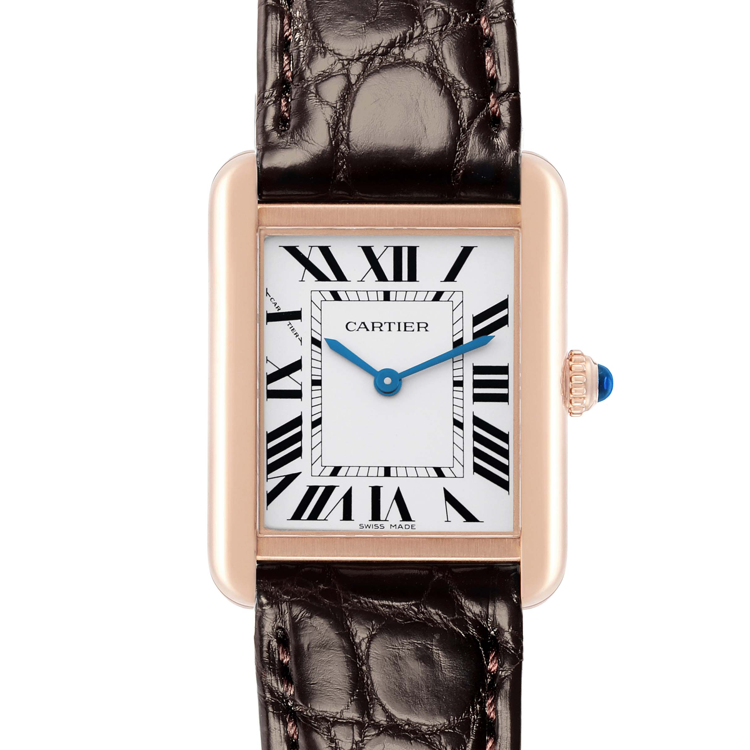 The Cartier Tank Solo W5200024 Women's Rose Gold Silver Dial watch is shown from a front angle, highlighting its rectangular face, Roman numerals, and leather strap.