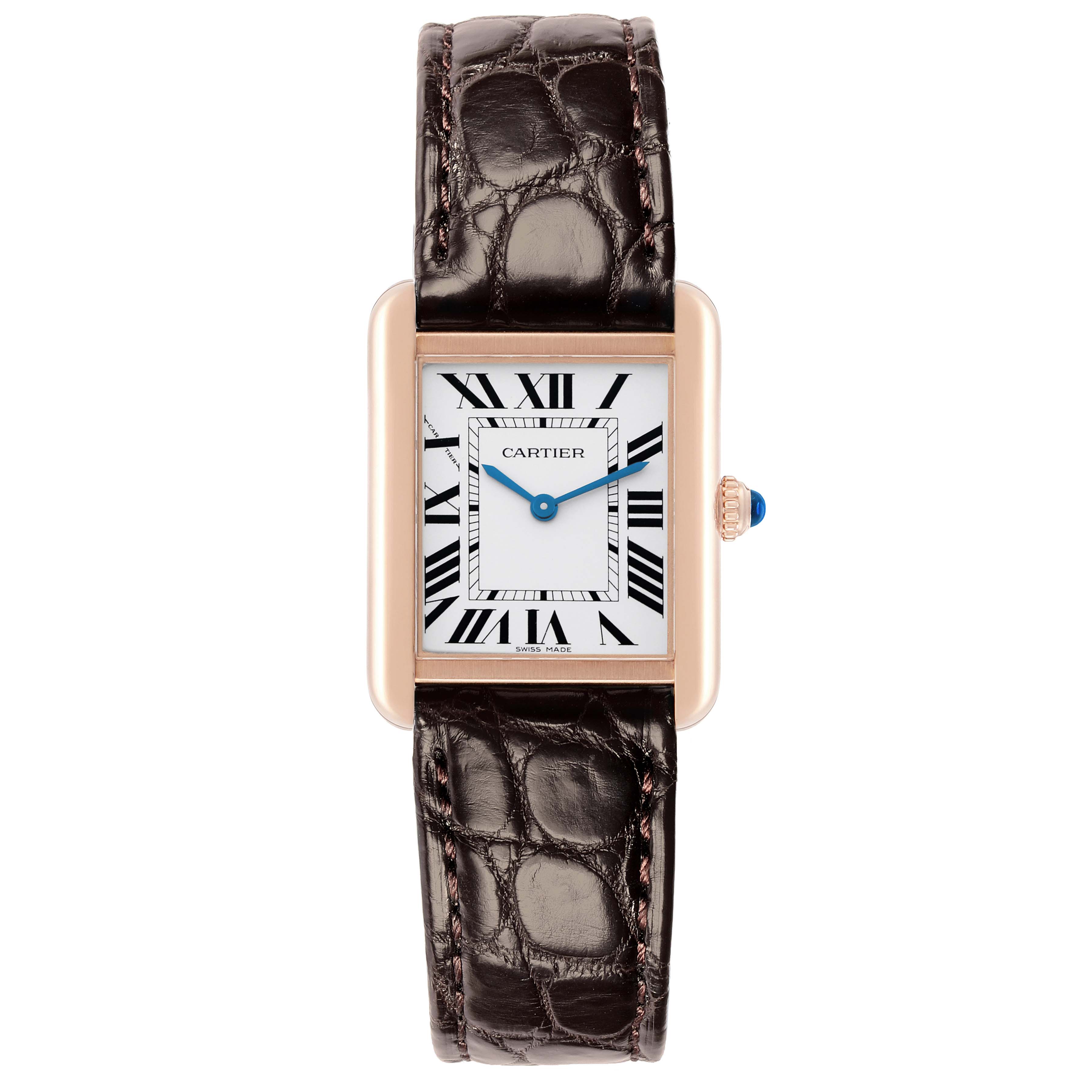 The Cartier Tank Solo W5200024 Women's Rose Gold Silver Dial watch is shown from the front, displaying its rectangular dial, Roman numerals, and leather strap.