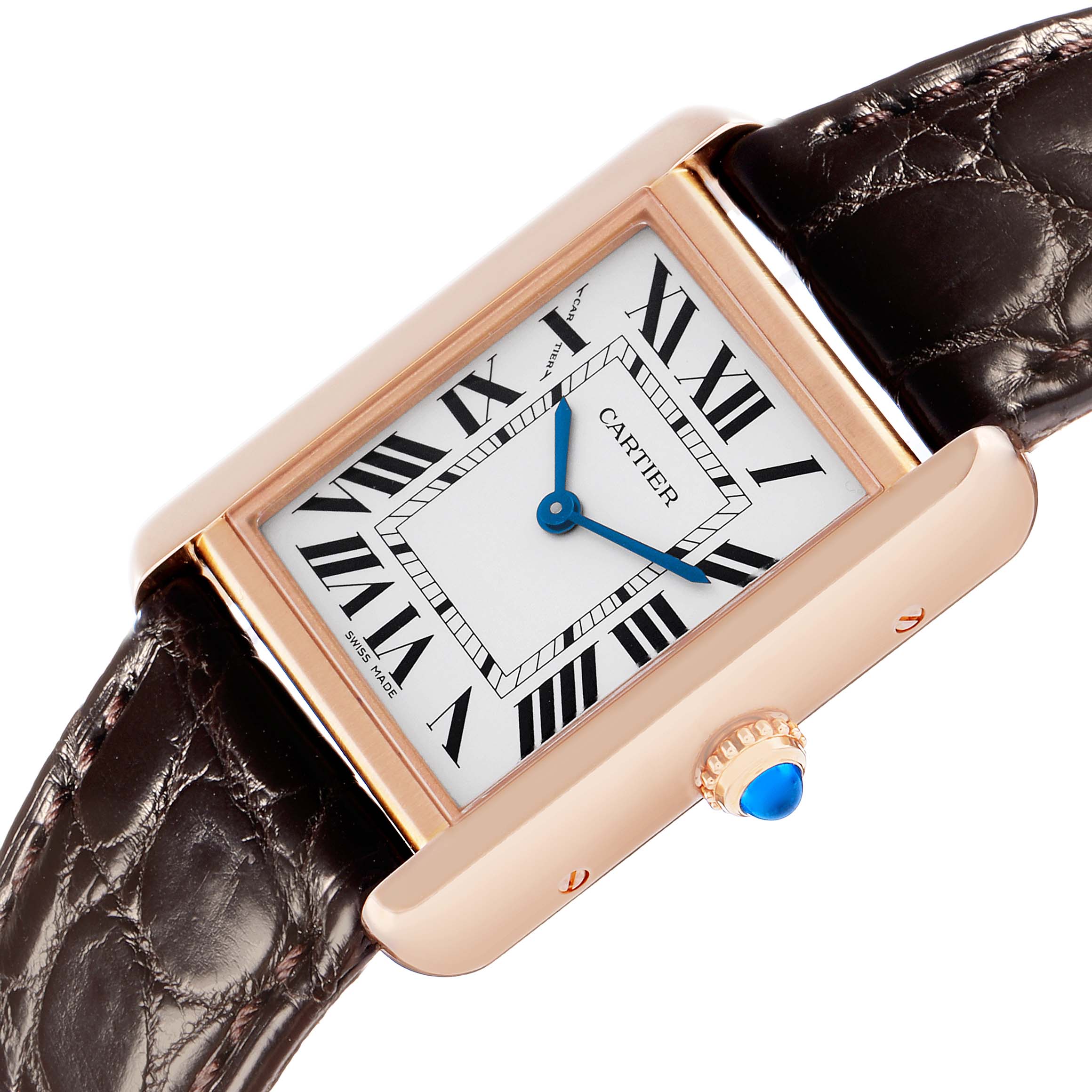 The Cartier Tank Solo W5200024 Women's Rose Gold Silver Dial watch is shown from an angled top view displaying the face, strap, case, and crown with a blue cabochon.