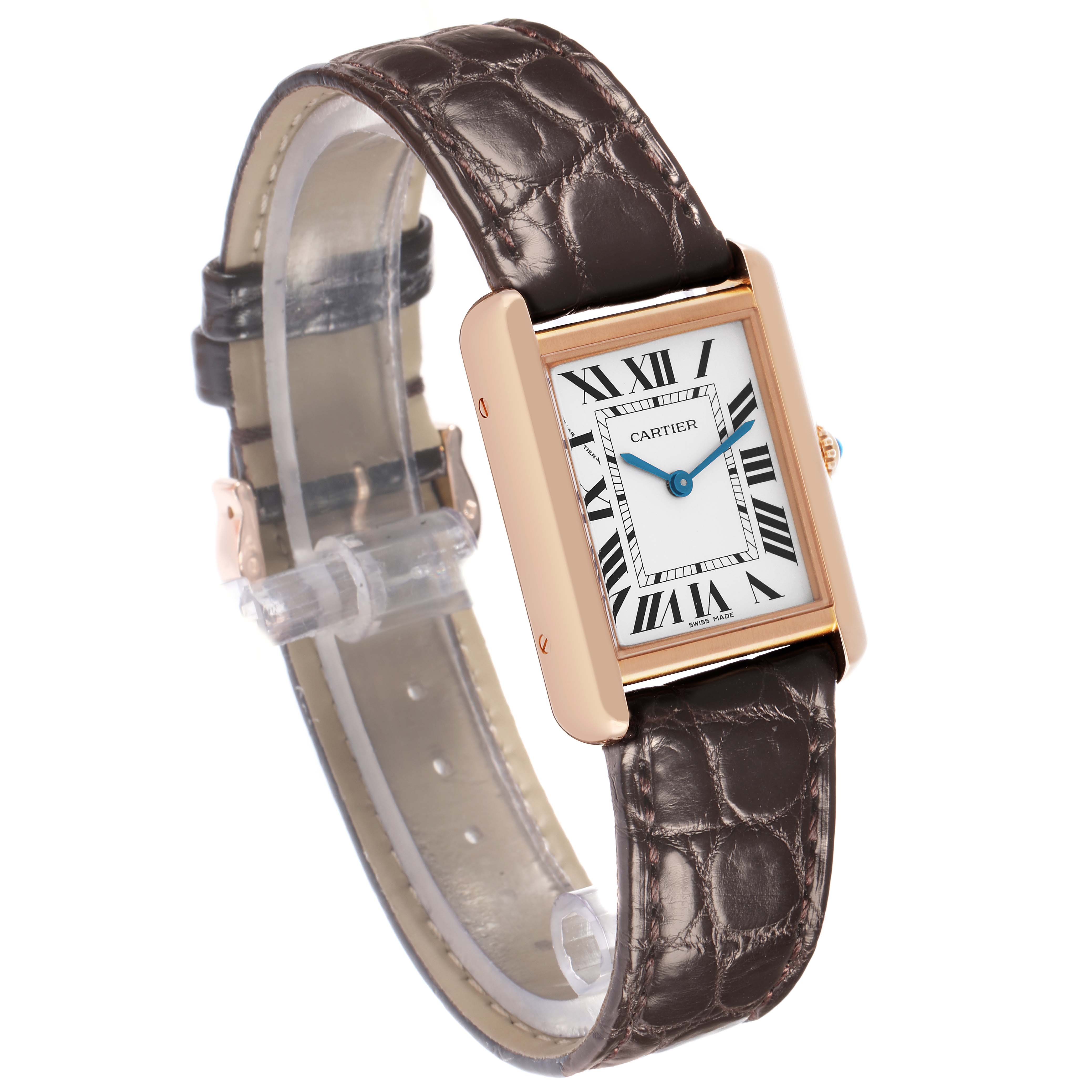 The Cartier Tank Solo W5200024 Women's Rose Gold Silver Dial watch is angled to display its face and strap, highlighting the rectangular case and Roman numerals.