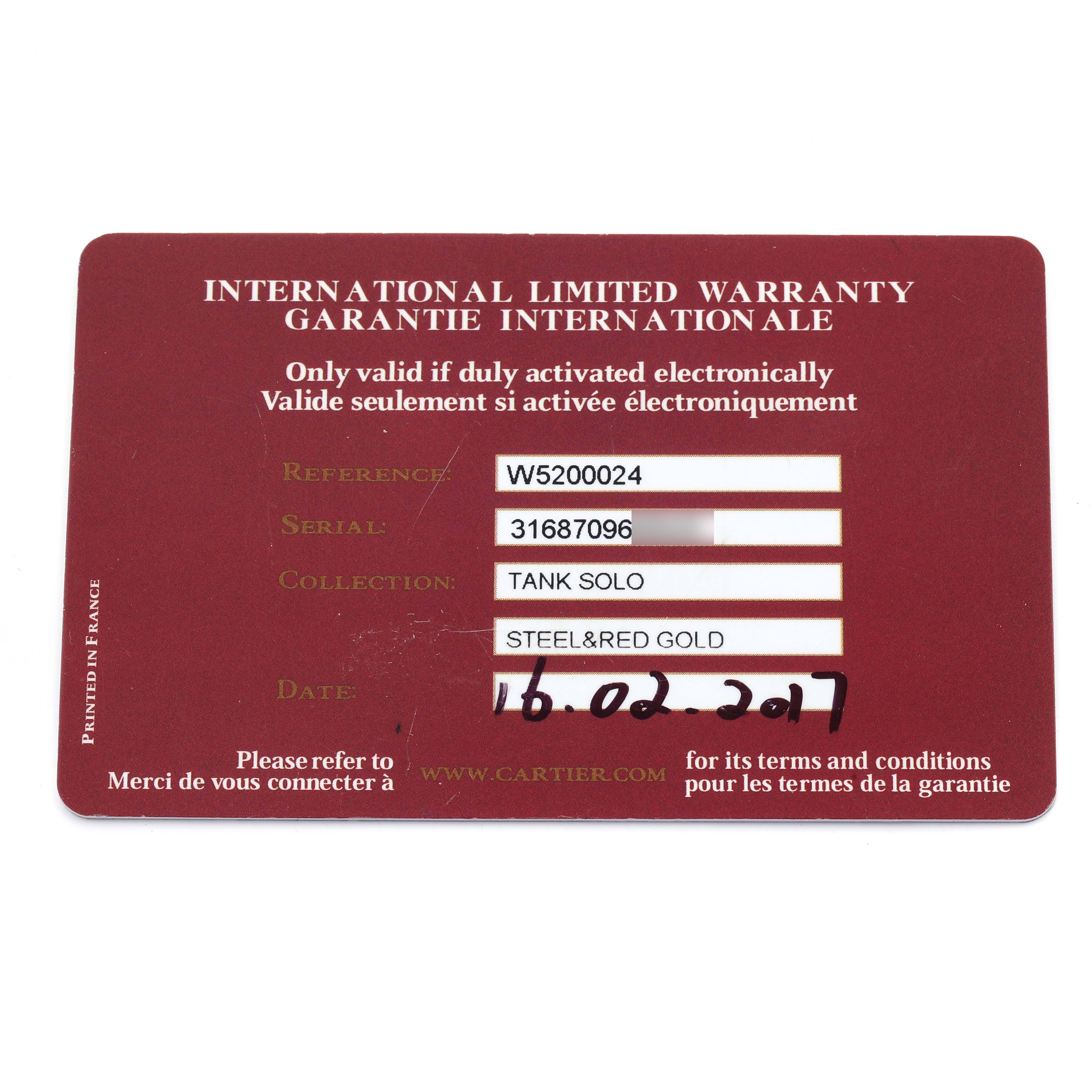 The image shows an International Limited Warranty card for the Cartier Tank Solo W5200024 Women's Rose Gold Silver Dial model, displaying details like reference and date.