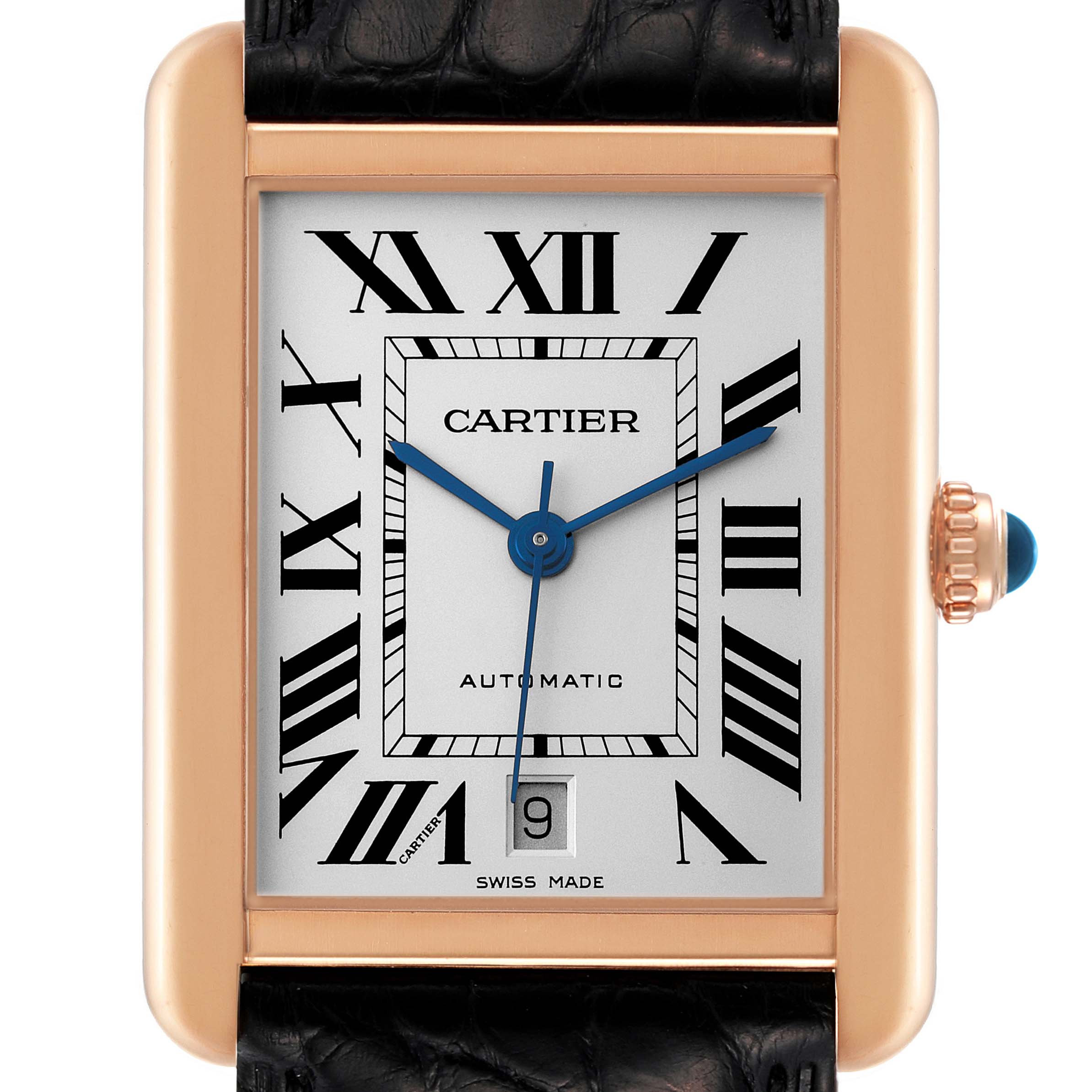 The Cartier Tank Solo W5200026 Men's Rose Gold Silver Dial W5200026 Men's Rose Gold Silver Dial watch is shown from a front angle, highlighting the face, Roman numerals, and leather strap.