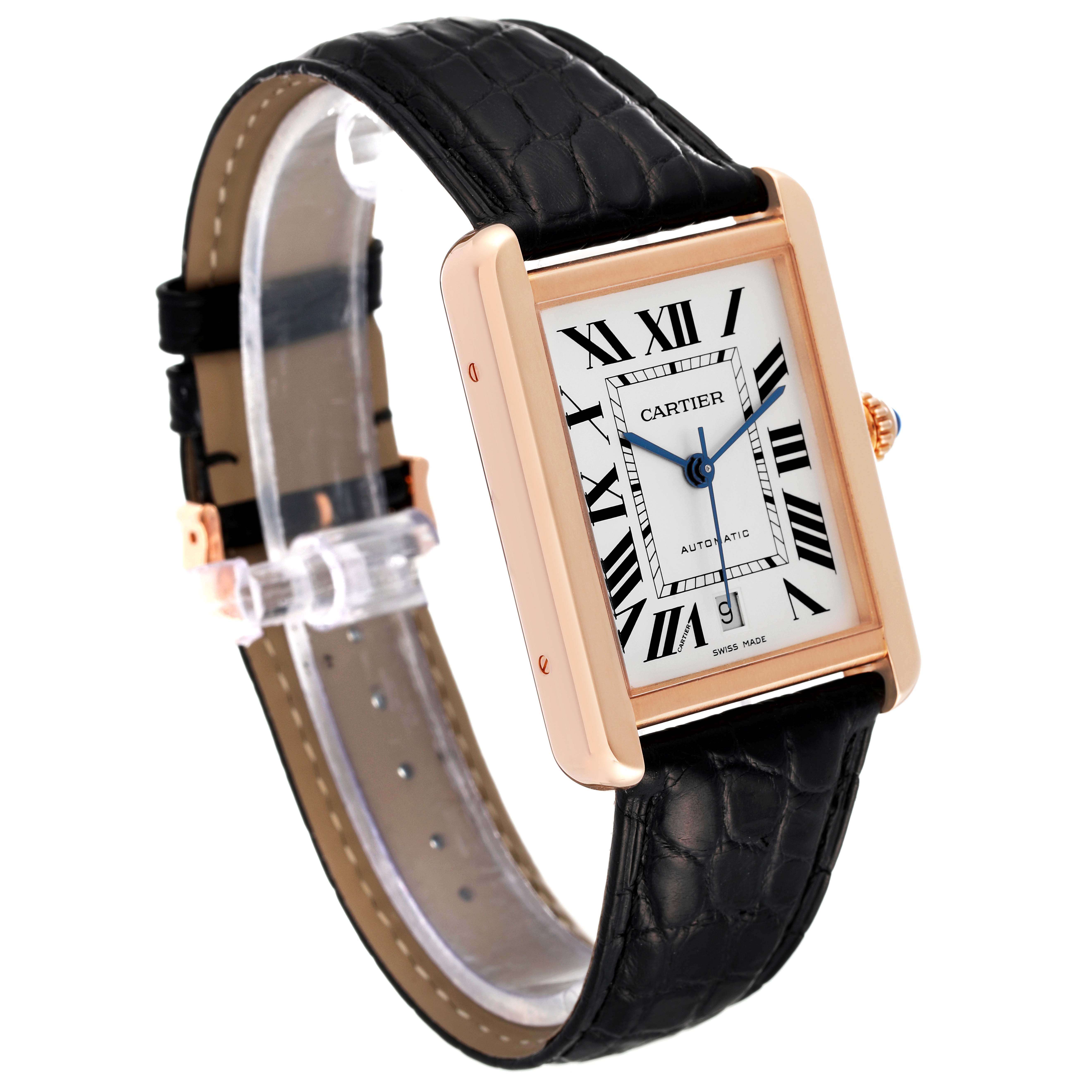 The Cartier Tank Solo W5200026 Men's Rose Gold Silver Dial W5200026 Men's Rose Gold Silver Dial watch is shown at a three-quarter angle, displaying its rectangular face, Roman numerals, and black leather strap.