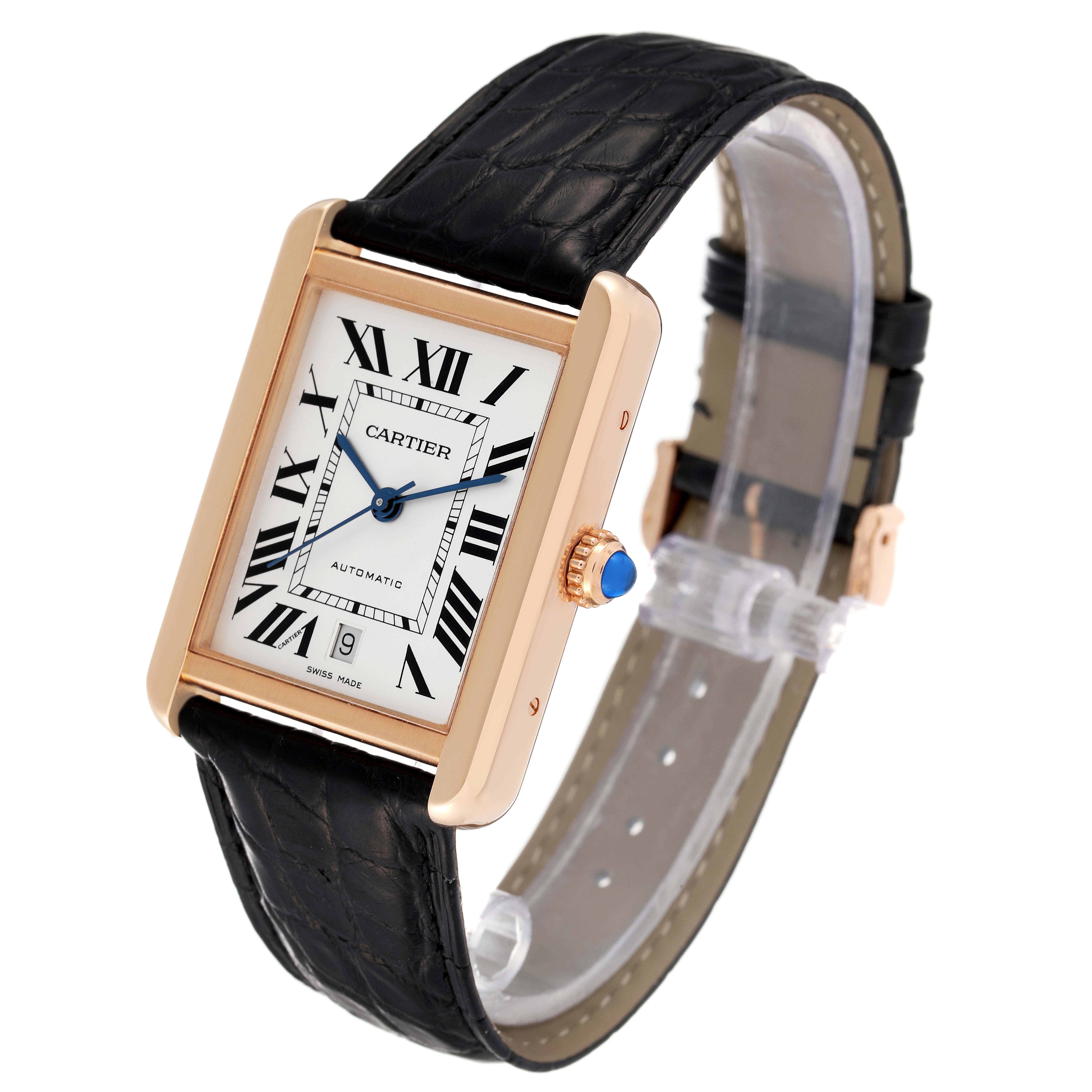The image shows a Cartier Tank Solo W5200026 Men's Rose Gold Silver Dial W5200026 Men's Rose Gold Silver Dial watch angled to display the face, strap, and side crown.