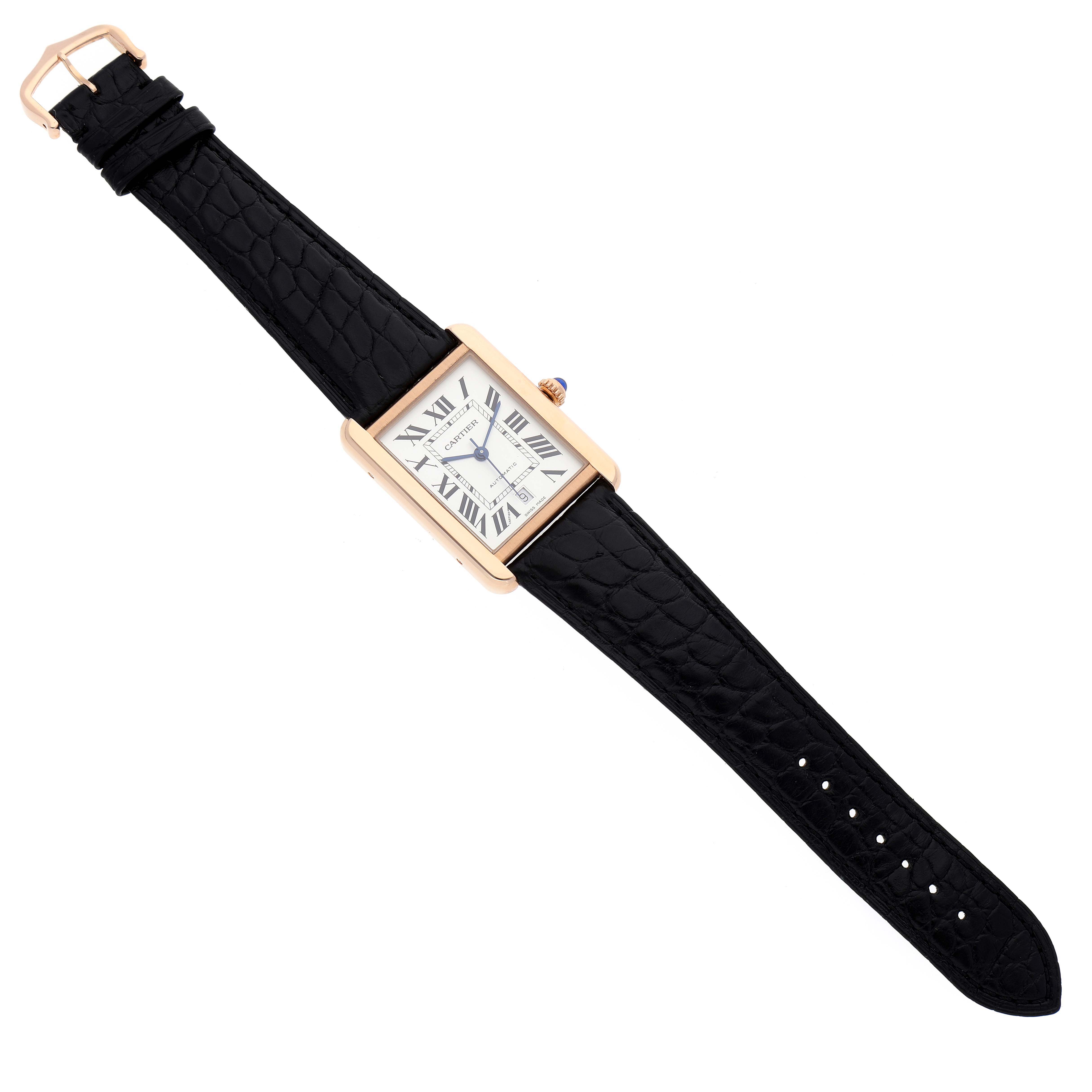 The Cartier Tank Solo W5200026 Men's Rose Gold Silver Dial W5200026 Men's Rose Gold Silver Dial watch is shown flat, displaying its rectangular dial, numeral markers, and black leather strap.