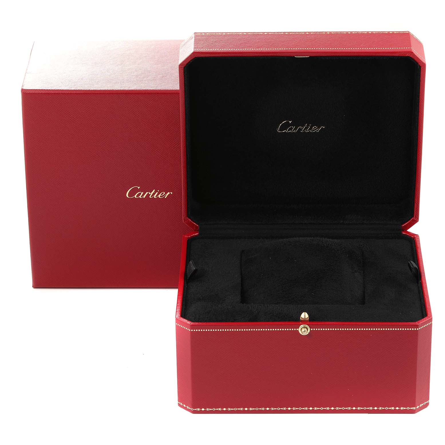 This image shows an open red Cartier Tank Solo W5200026 Men's Rose Gold Silver Dial W5200026 Men's Rose Gold Silver Dial watch box with "Cartier" written inside.