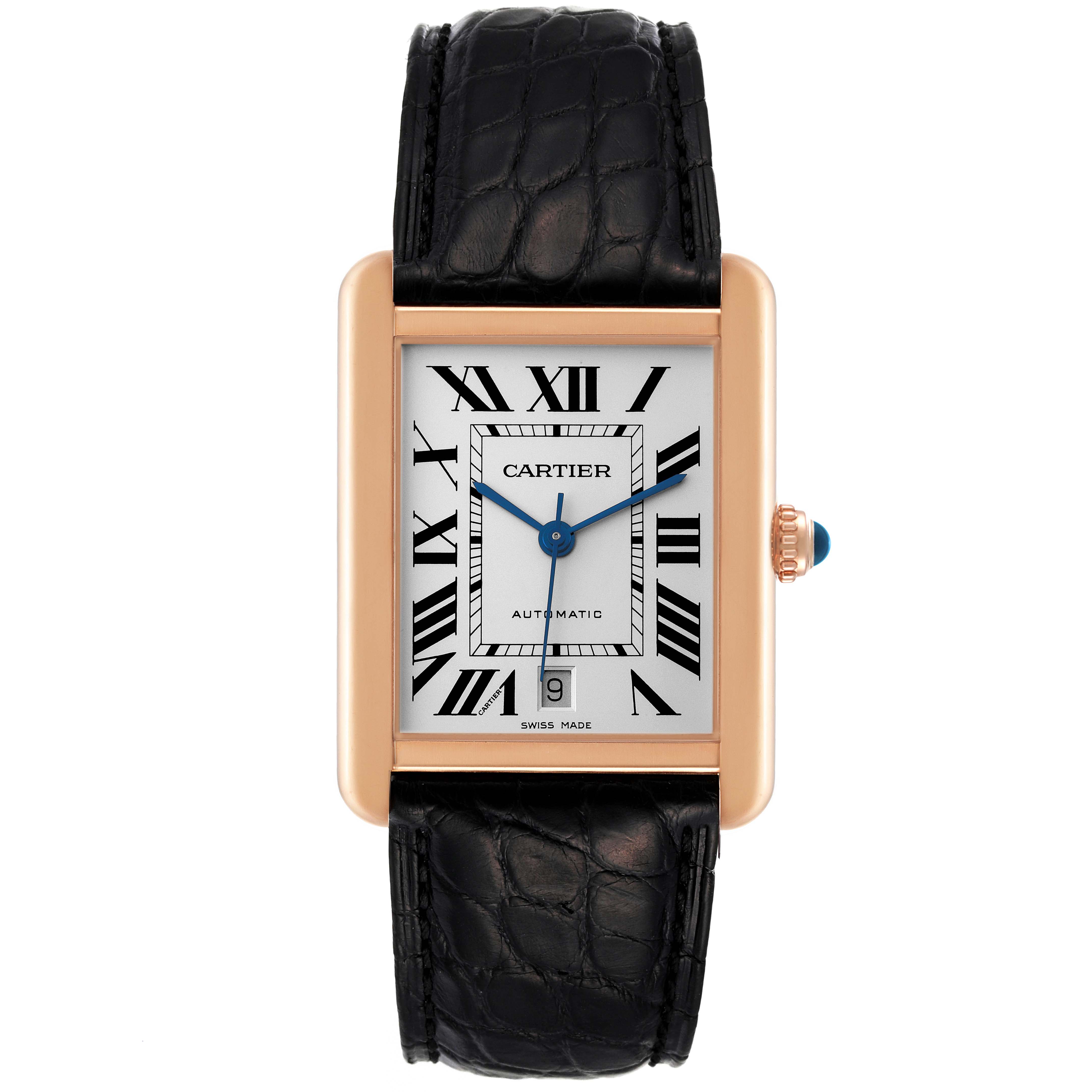 The Cartier Tank Solo W5200026 Men's Rose Gold Silver Dial W5200026 Men's Rose Gold Silver Dial watch is shown from a front angle, displaying its face, Roman numerals, hands, crown, and leather strap.