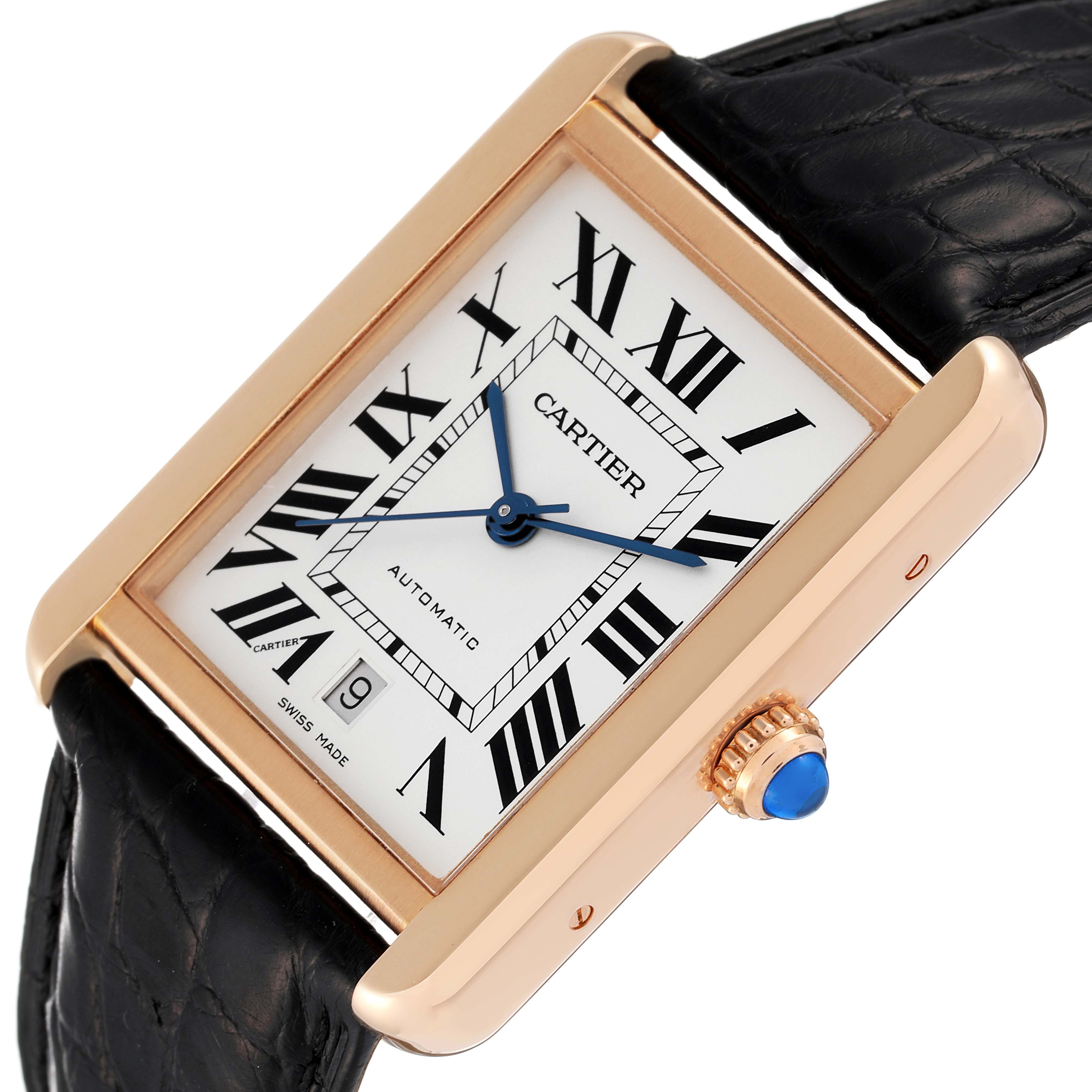 The Cartier Tank Solo W5200026 Men's Rose Gold Silver Dial W5200026 Men's Rose Gold Silver Dial watch is shown at an angled close-up, highlighting its rectangular face, Roman numerals, and leather strap.