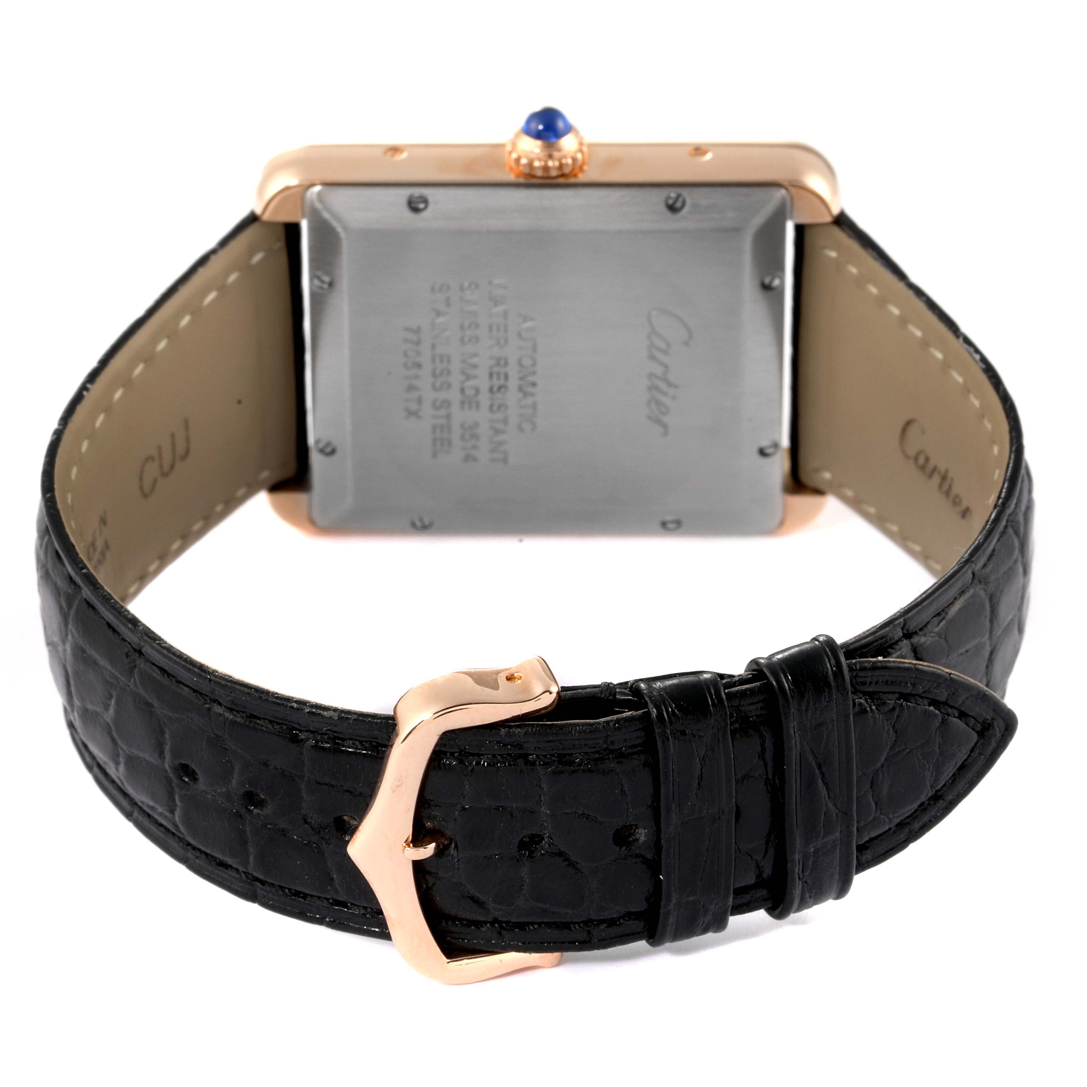 The image shows the back view of a Cartier Tank Solo W5200026 Men's Rose Gold Silver Dial W5200026 Men's Rose Gold Silver Dial watch, highlighting its case back, strap, and buckle.