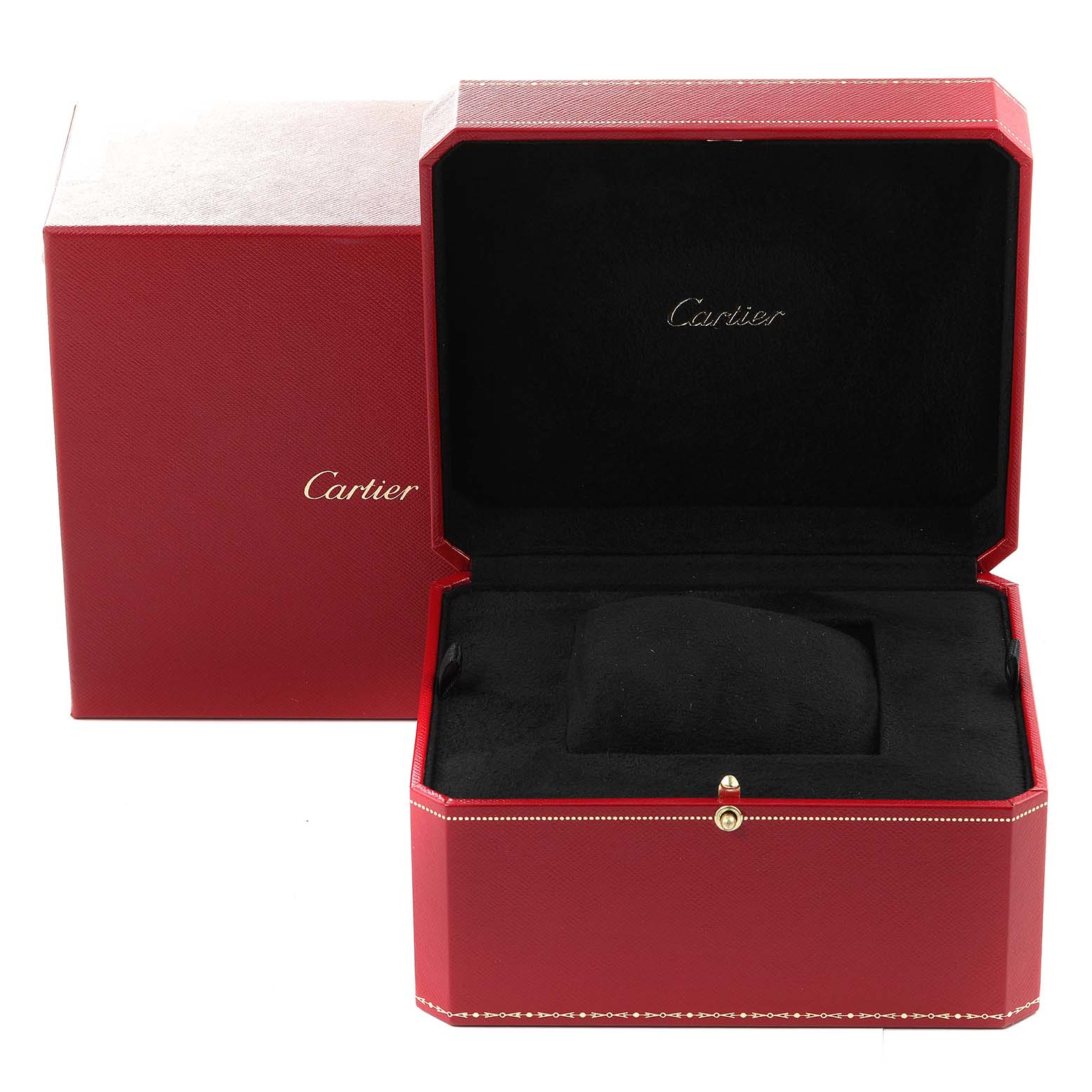 The image shows an open red Cartier box for the Tank Solo model watch, with black interior padding.