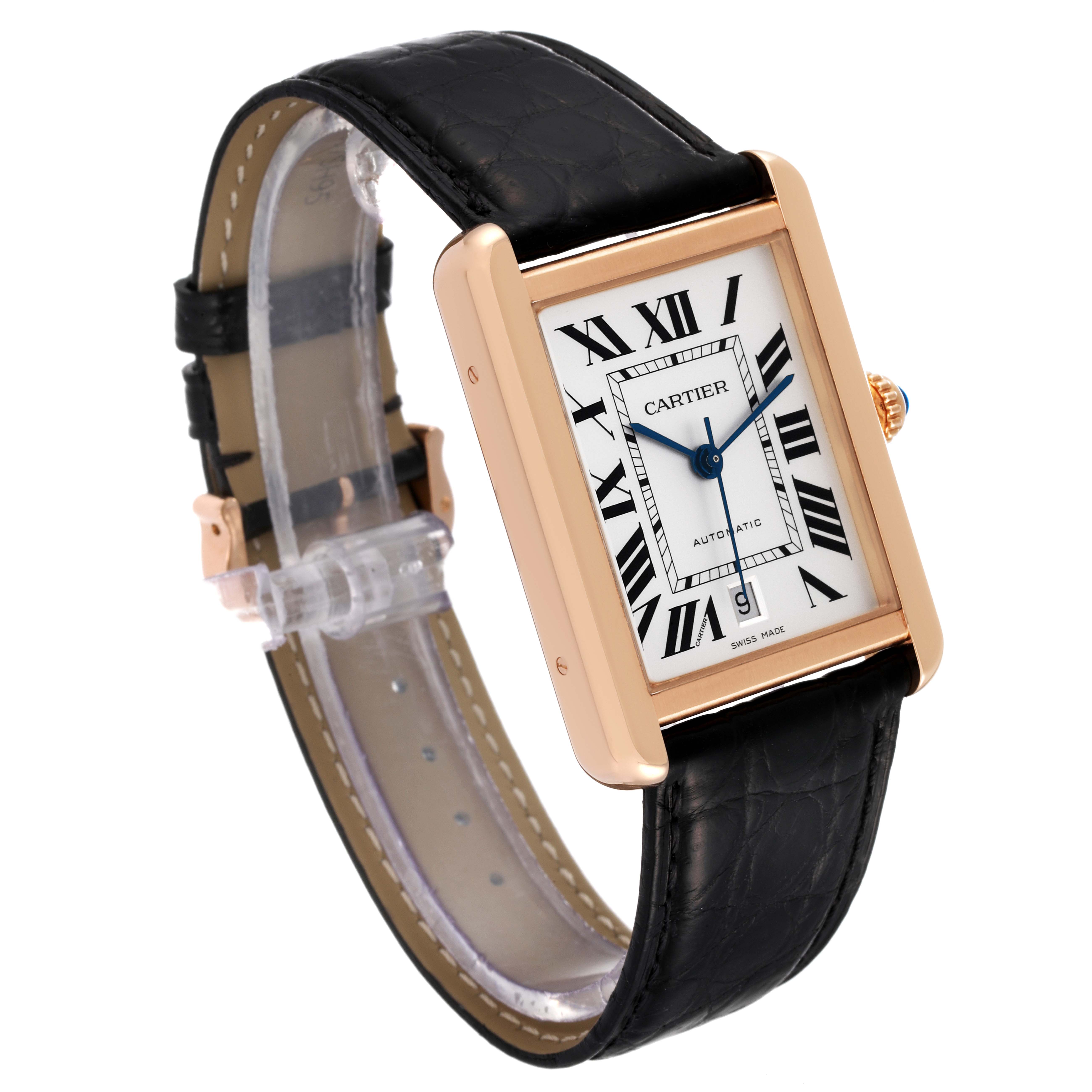 This image shows a side view of a Cartier Tank Solo W5200026 Men's Rose Gold Silver Dial W5200026 Men's Rose Gold Silver Dial watch, displaying its rectangular face, leather strap, and gold casing.