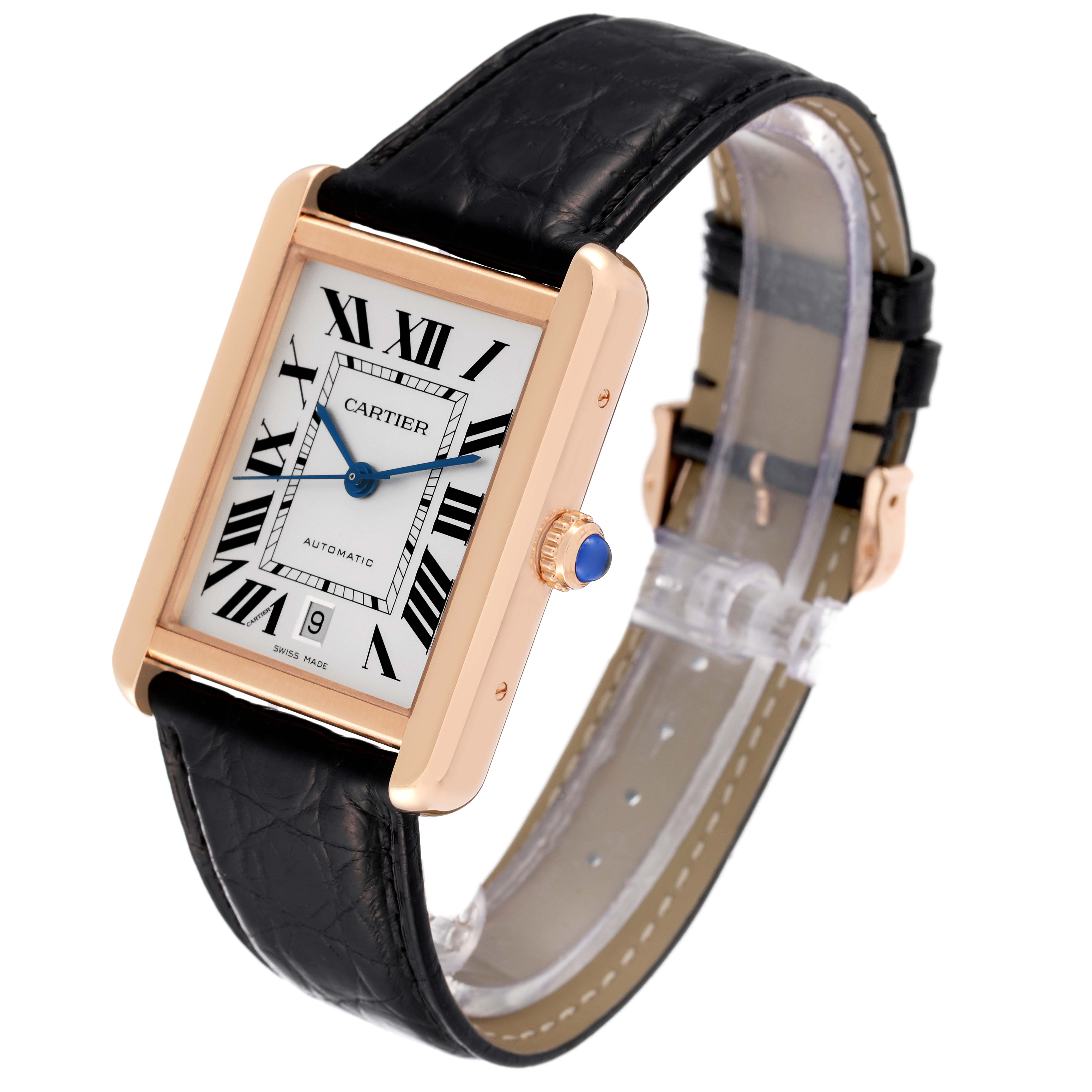 The image shows a Cartier Tank Solo W5200026 Men's Rose Gold Silver Dial W5200026 Men's Rose Gold Silver Dial watch at a slight angle, featuring its face, leather strap, and crown with a blue gem.