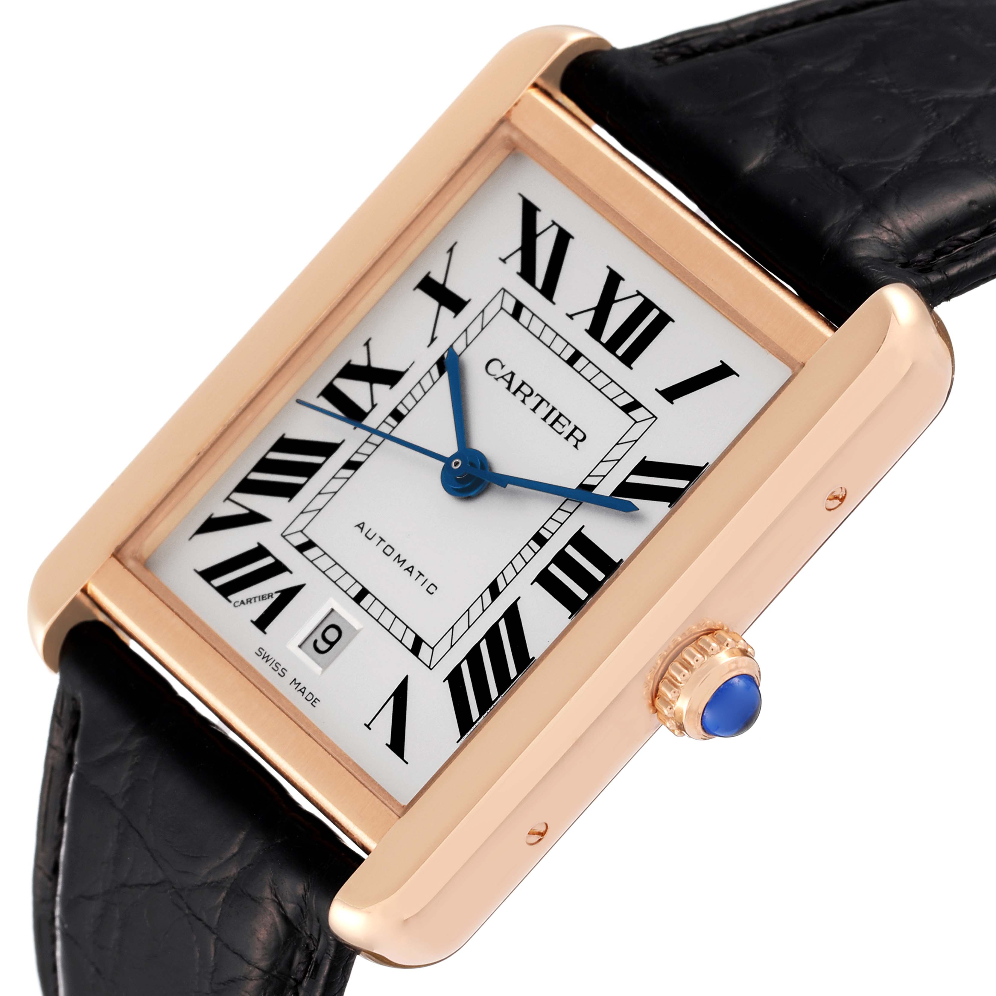 This image shows a close-up, angled view of the dial and crown of the Cartier Tank Solo W5200026 Men's Rose Gold Silver Dial W5200026 Men's Rose Gold Silver Dial watch, showcasing its white dial, blue hands, and leather strap.