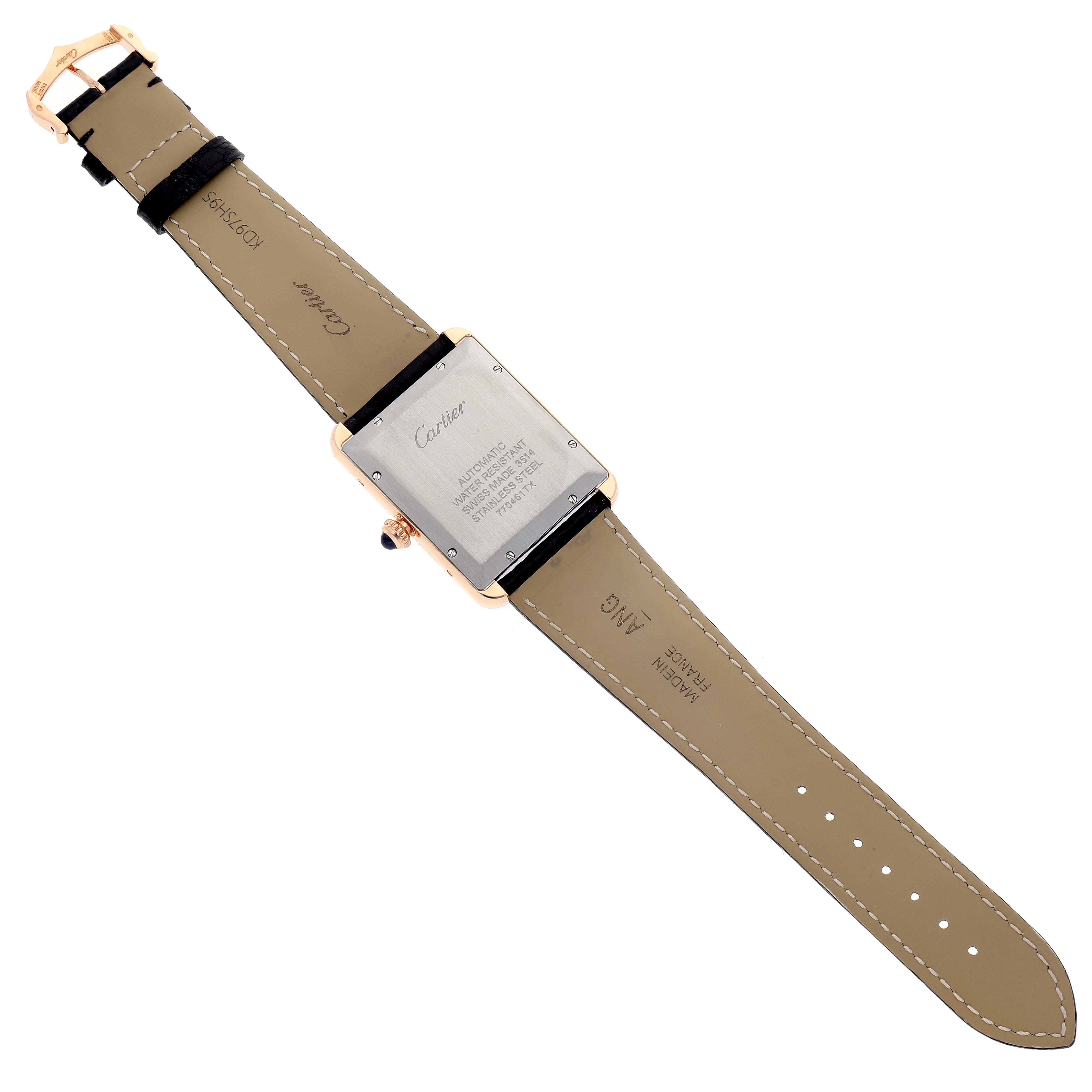 This image shows the back view of a Cartier Tank Solo W5200026 Men's Rose Gold Silver Dial W5200026 Men's Rose Gold Silver Dial watch, displaying the case back and leather strap.