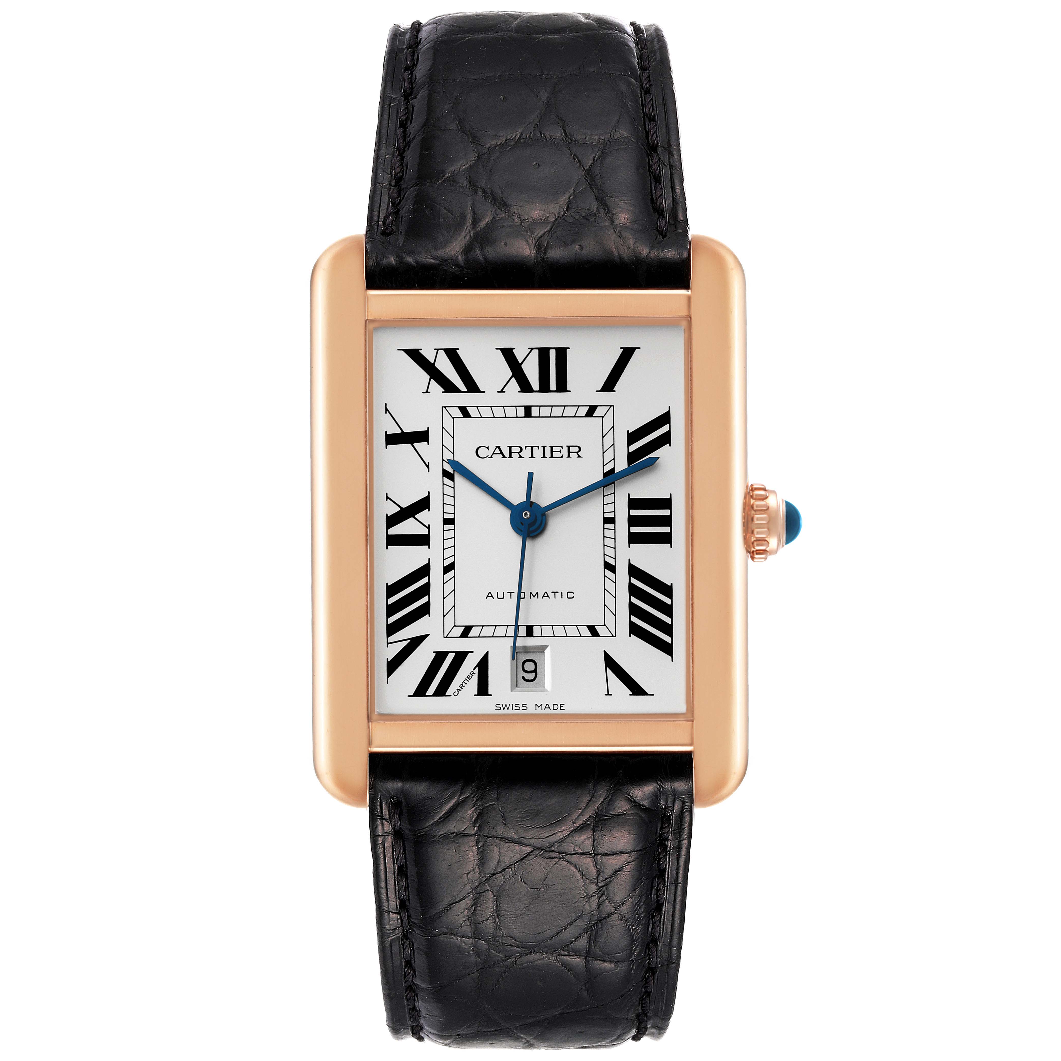 This image shows a Cartier Tank Solo W5200026 Men's Rose Gold Silver Dial W5200026 Men's Rose Gold Silver Dial watch from a front view, displaying the face, Roman numerals, hands, and leather strap.