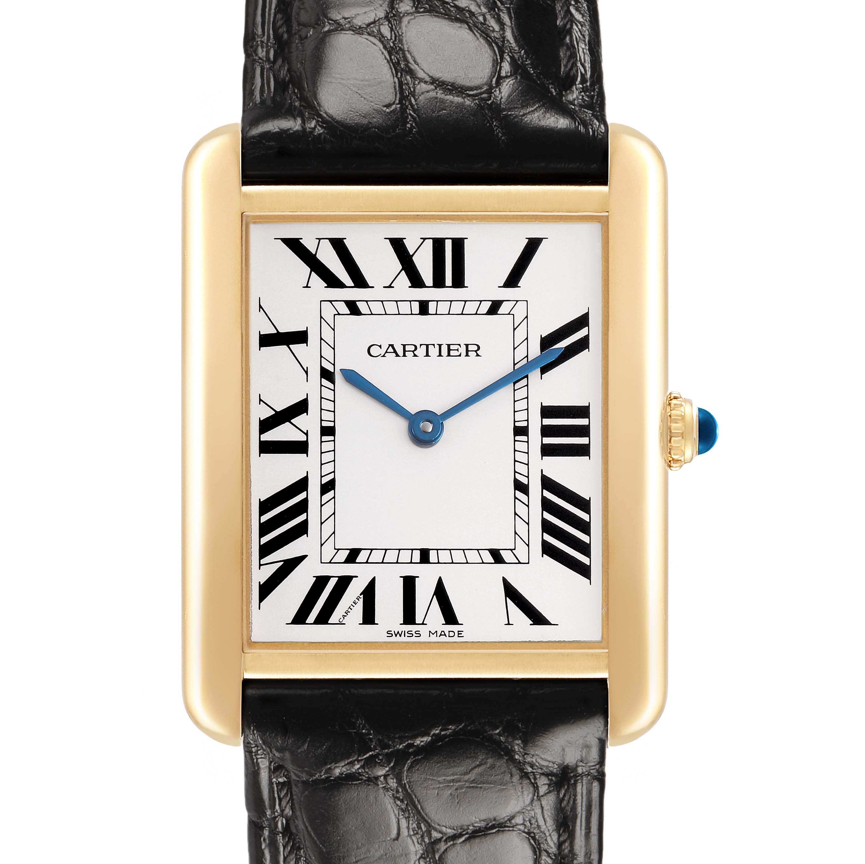 The Cartier Tank Solo W1018855 Men's Steel and Gold (two tone) Silver Dial watch is shown from a front angle, displaying its face, Roman numerals, and black leather strap.