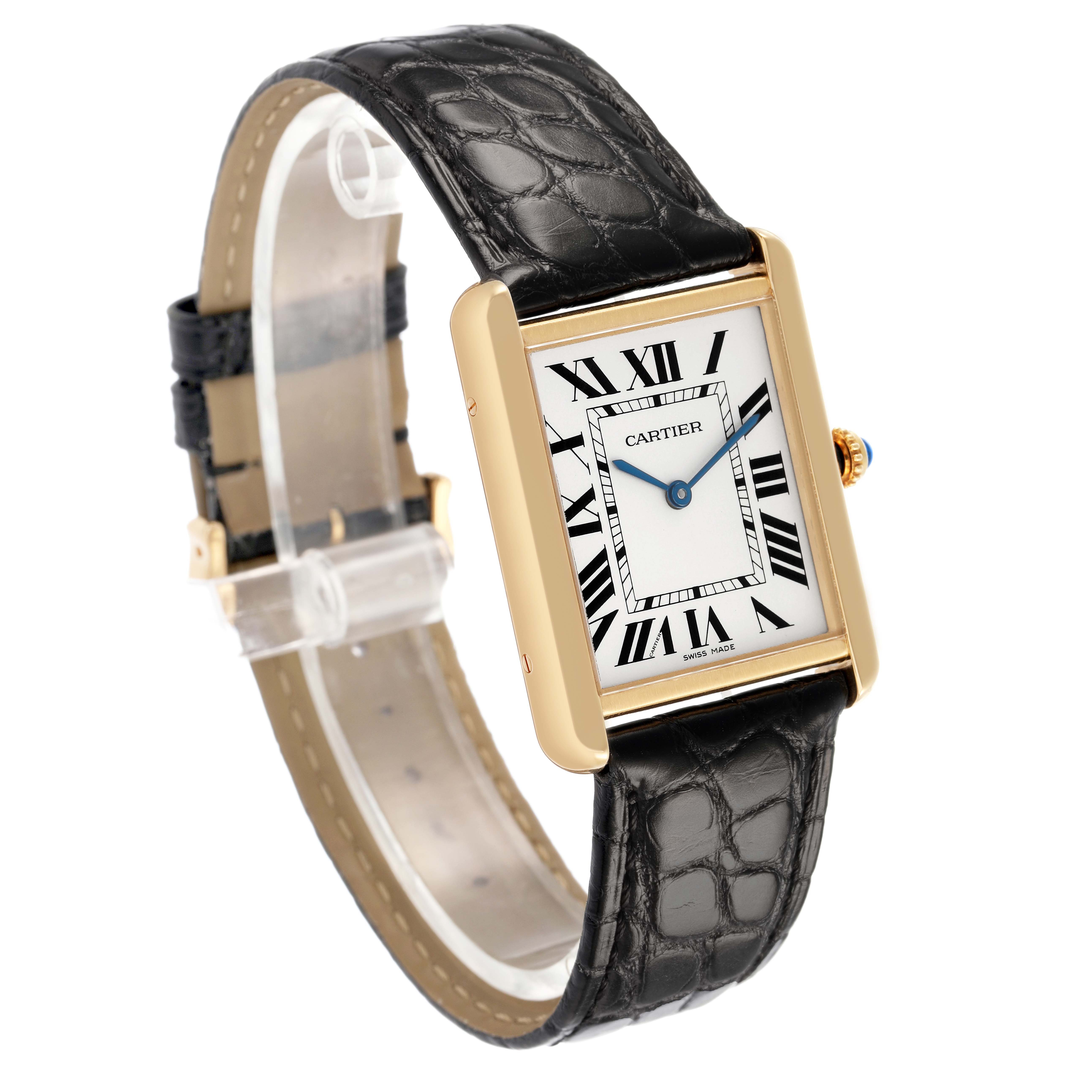 The Cartier Tank Solo W1018855 Men's Steel and Gold (two tone) Silver Dial watch is shown at a three-quarter angle, highlighting its face, Roman numerals, gold case, and black leather strap.